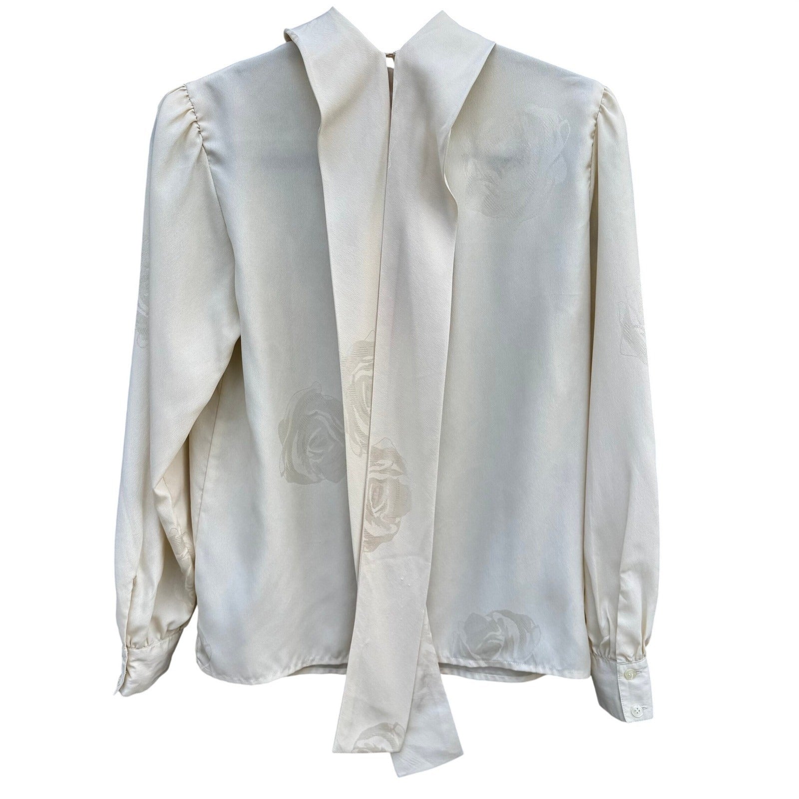 Jones New York Vintage Cream Rose Jacquard Pussy Bow Tie Back Blouse Womens 4