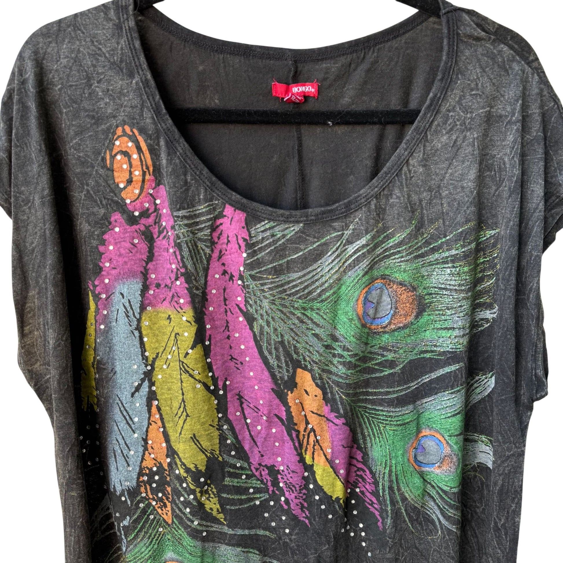 Bongo Vintage Y2K Boho Fringe Feather Peacock Rhinestone Festival Crop Top 1X