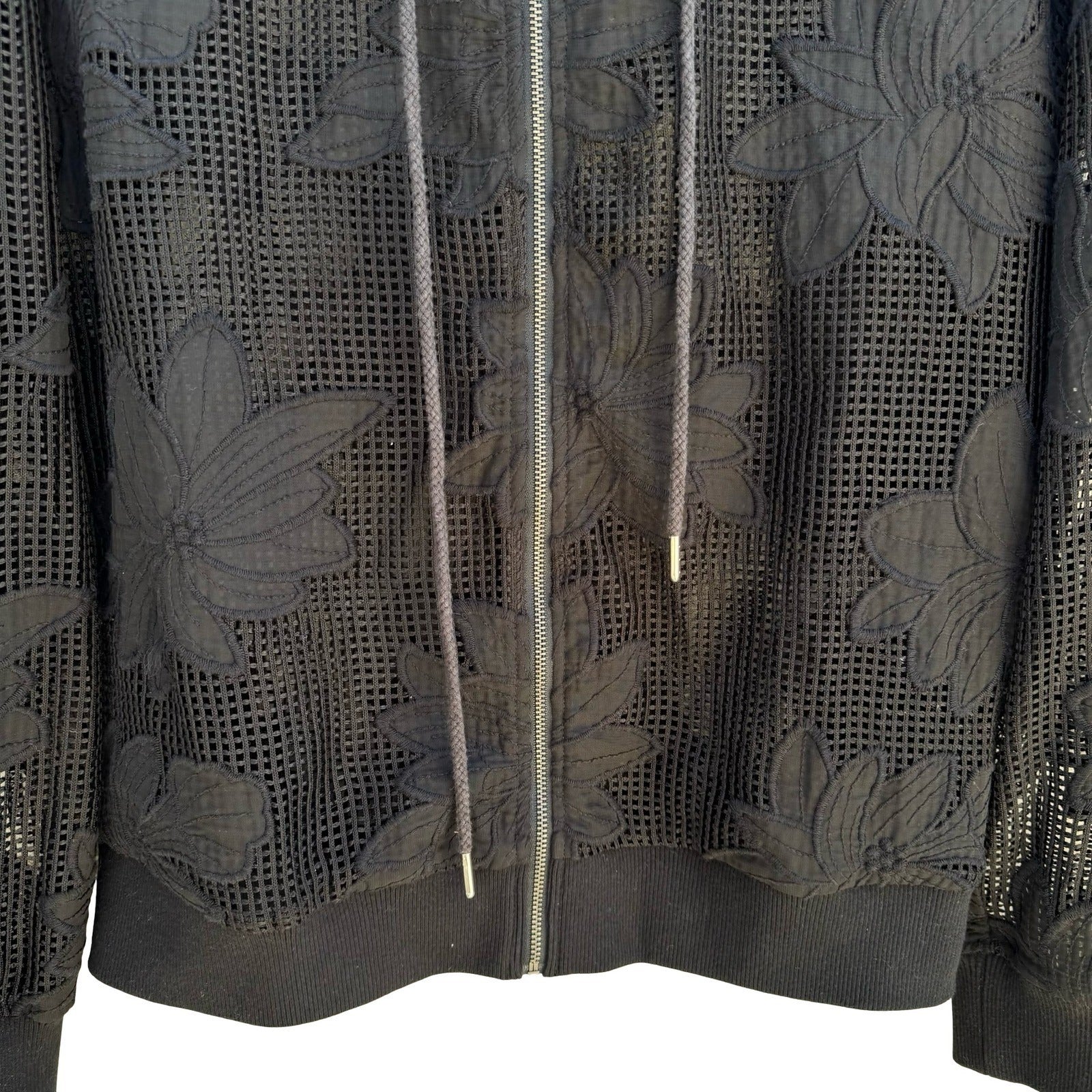 Gothic Dark Floral Mesh Embroidered Hoodie Sheer Lace Grid Jacket Edgy Romantic