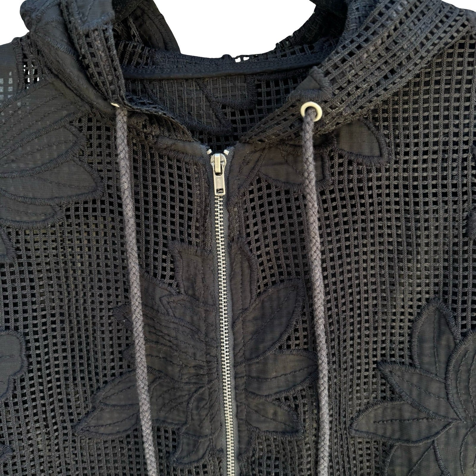 Gothic Dark Floral Mesh Embroidered Hoodie Sheer Lace Grid Jacket Edgy Romantic