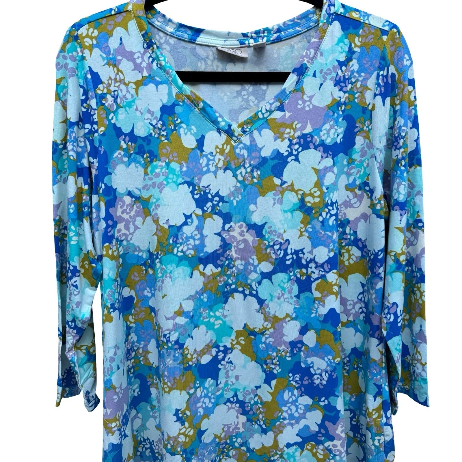 LOGO Lori Goldstein Kennedy Tunic Boho Flowy Garden Floral Sharkbite Hem M NEW