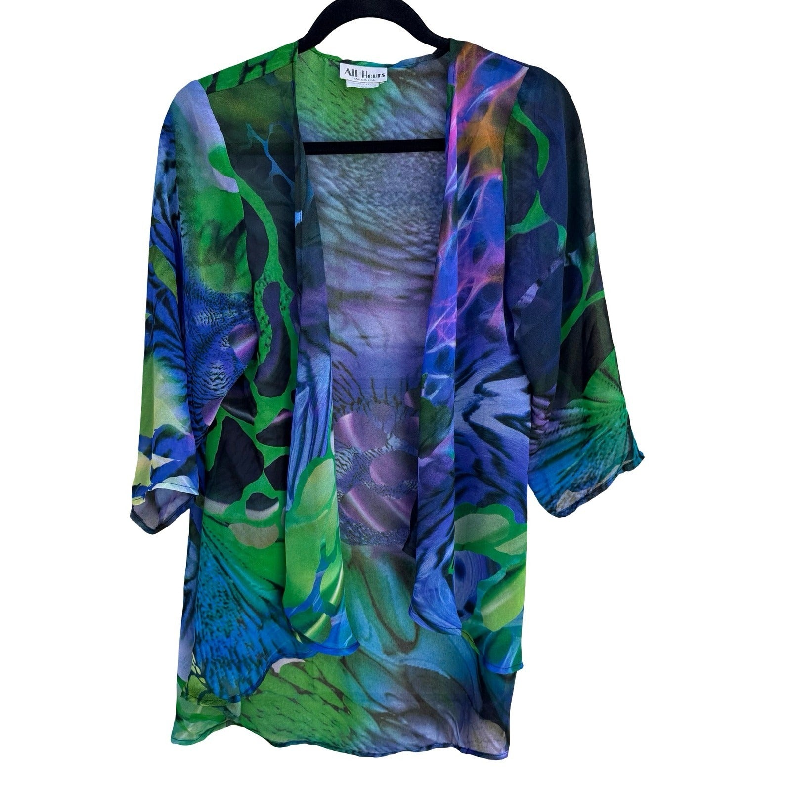 All Hours Watercolor Art Blue Abstract Butterfly Sheer Kimono Cardigan Womens L