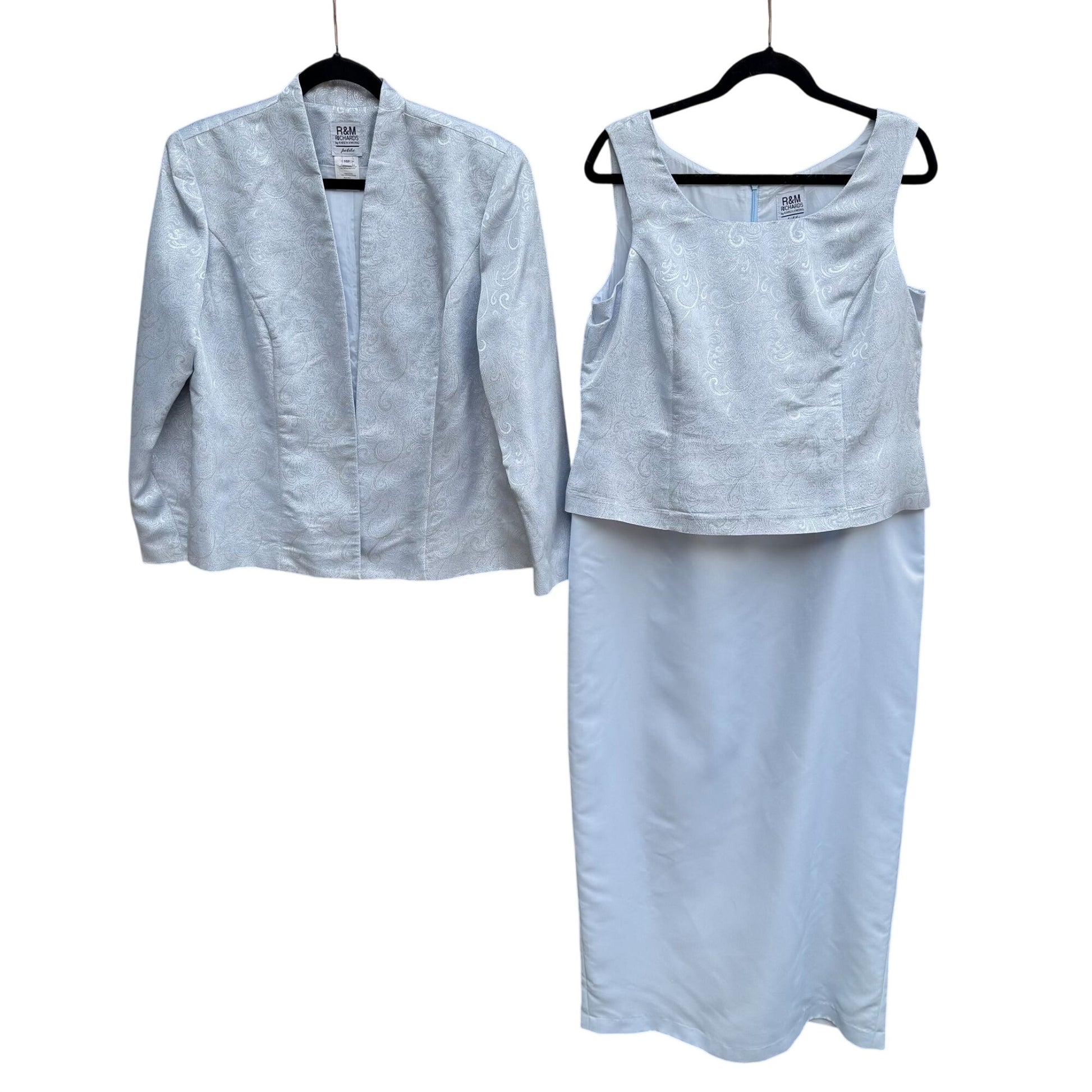 R&M Richards Blue Silver Formal Jacket Full Length Dress Metallic 2 Piece Set 14P