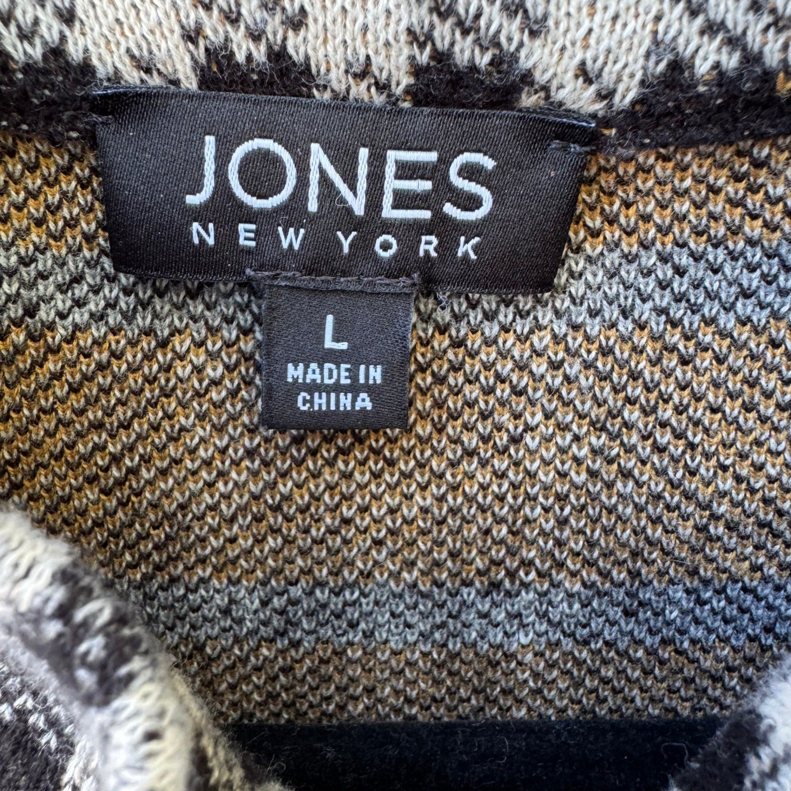 Jones New York Preppy Check Plaid Knit Old Money Cardigan Sweater Black Womens L