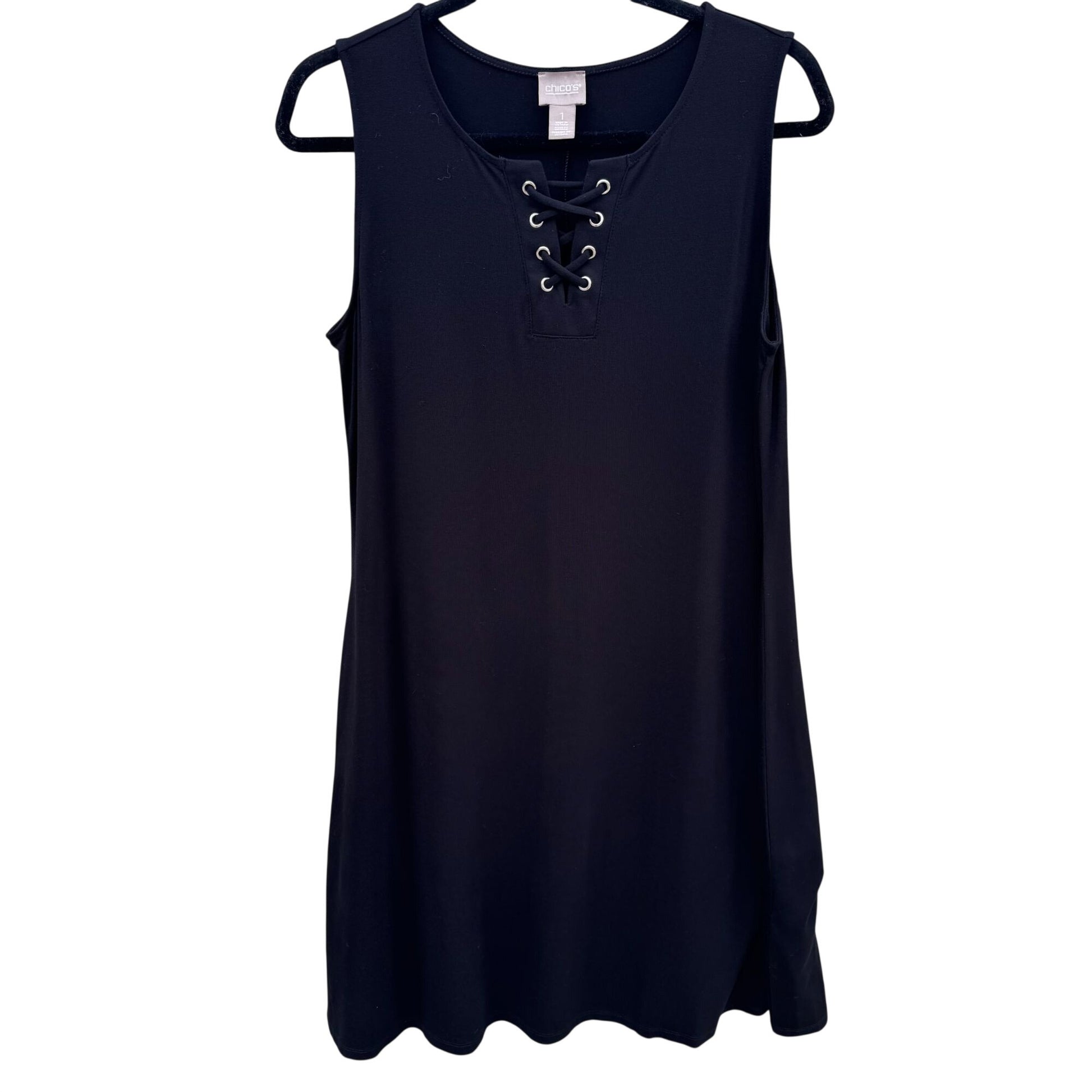 Chicos Womens Black Sleeveless Lace-Up Front Shift Dress Relaxed Fit M Casual