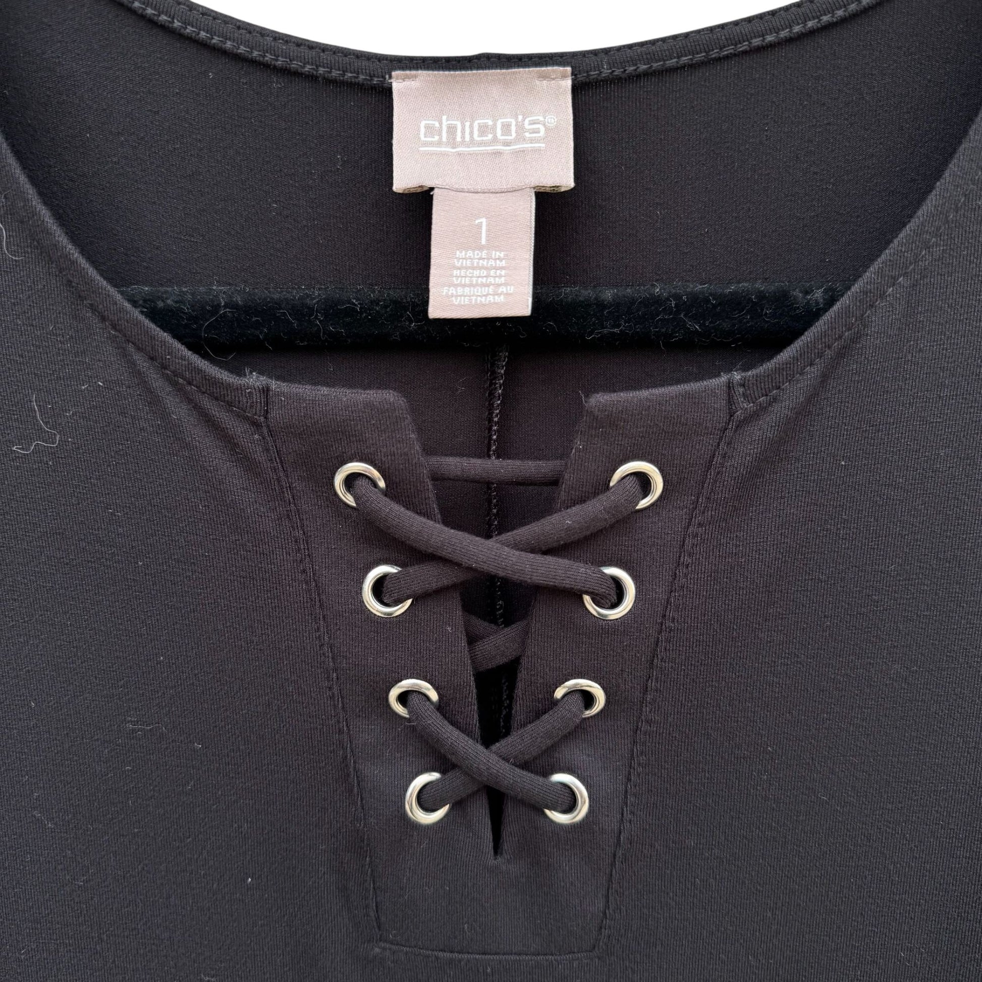 Chicos Womens Black Sleeveless Lace-Up Front Shift Dress Relaxed Fit M Casual