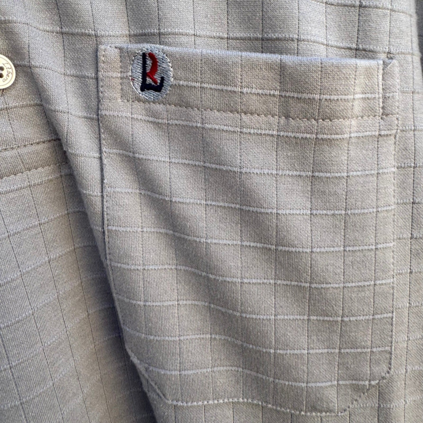 Libero Mens Short Sleeve Polo Shirt Gray Grid Pattern Chest Pocket Size Large