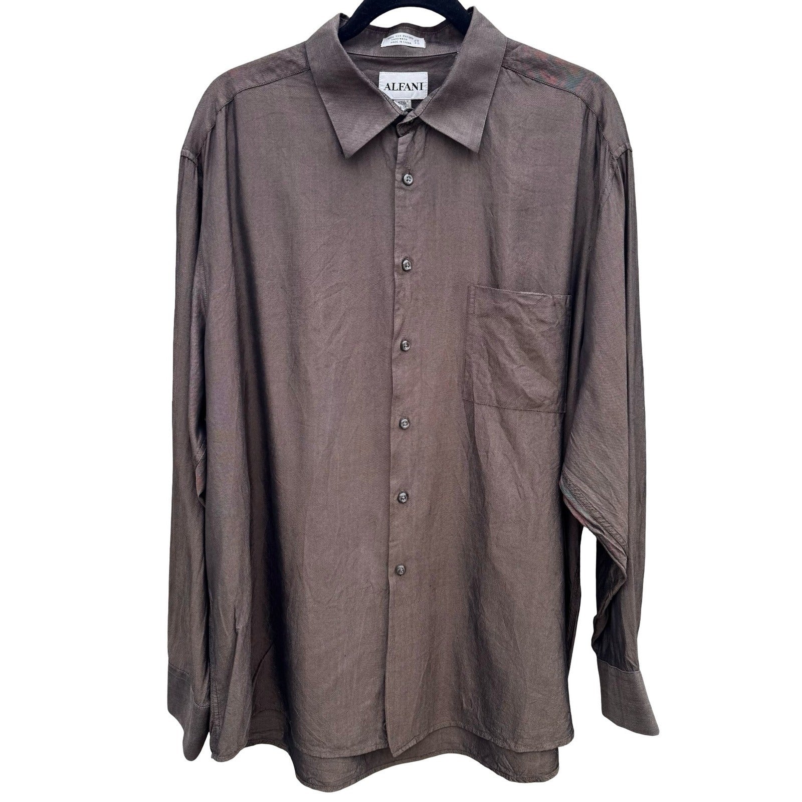 Alfani Mens Brown Silk Oxford Button Down Shirt XL 17.5 34-35 Luxury Minimalist