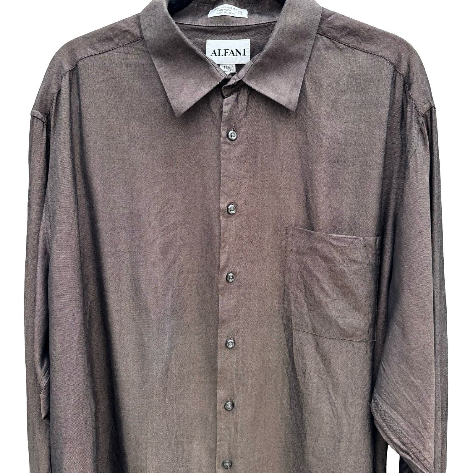 Alfani Mens Brown Silk Oxford Button Down Shirt XL 17.5 34-35 Luxury Minimalist