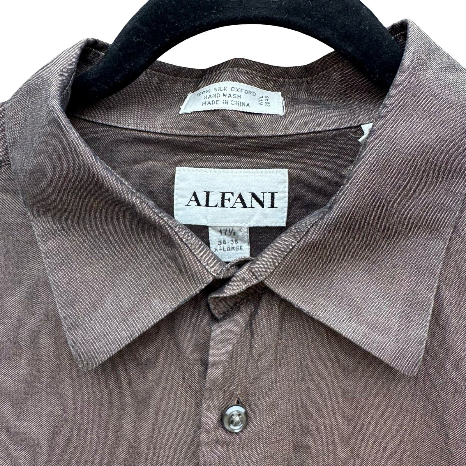 Alfani Mens Brown Silk Oxford Button Down Shirt XL 17.5 34-35 Luxury Minimalist
