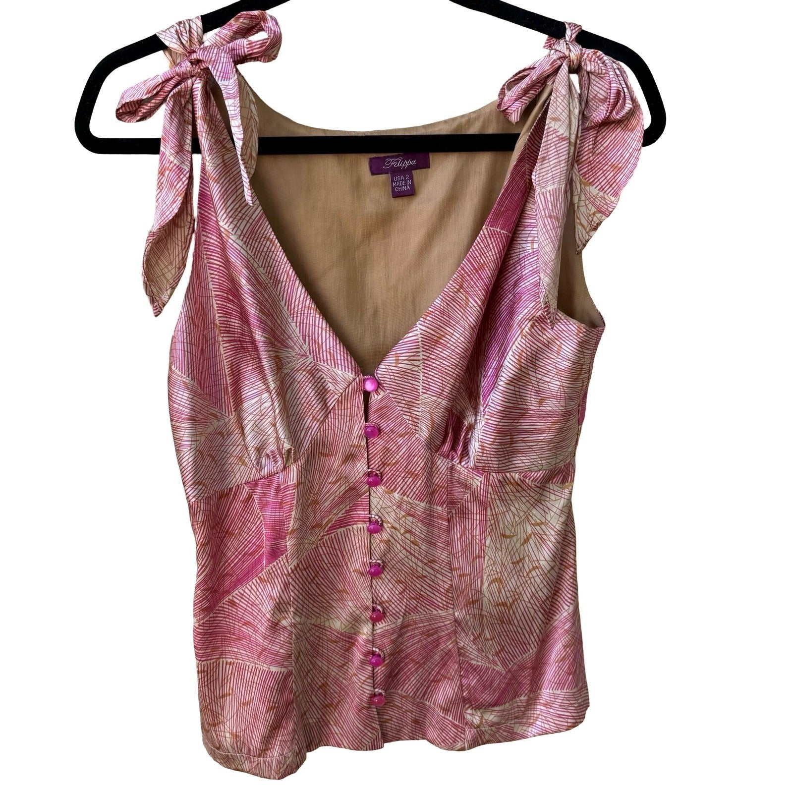 Filippa Y2K Coquette Geometric Silk Blend Tie Shoulder Tailored Bodice Blouse 2