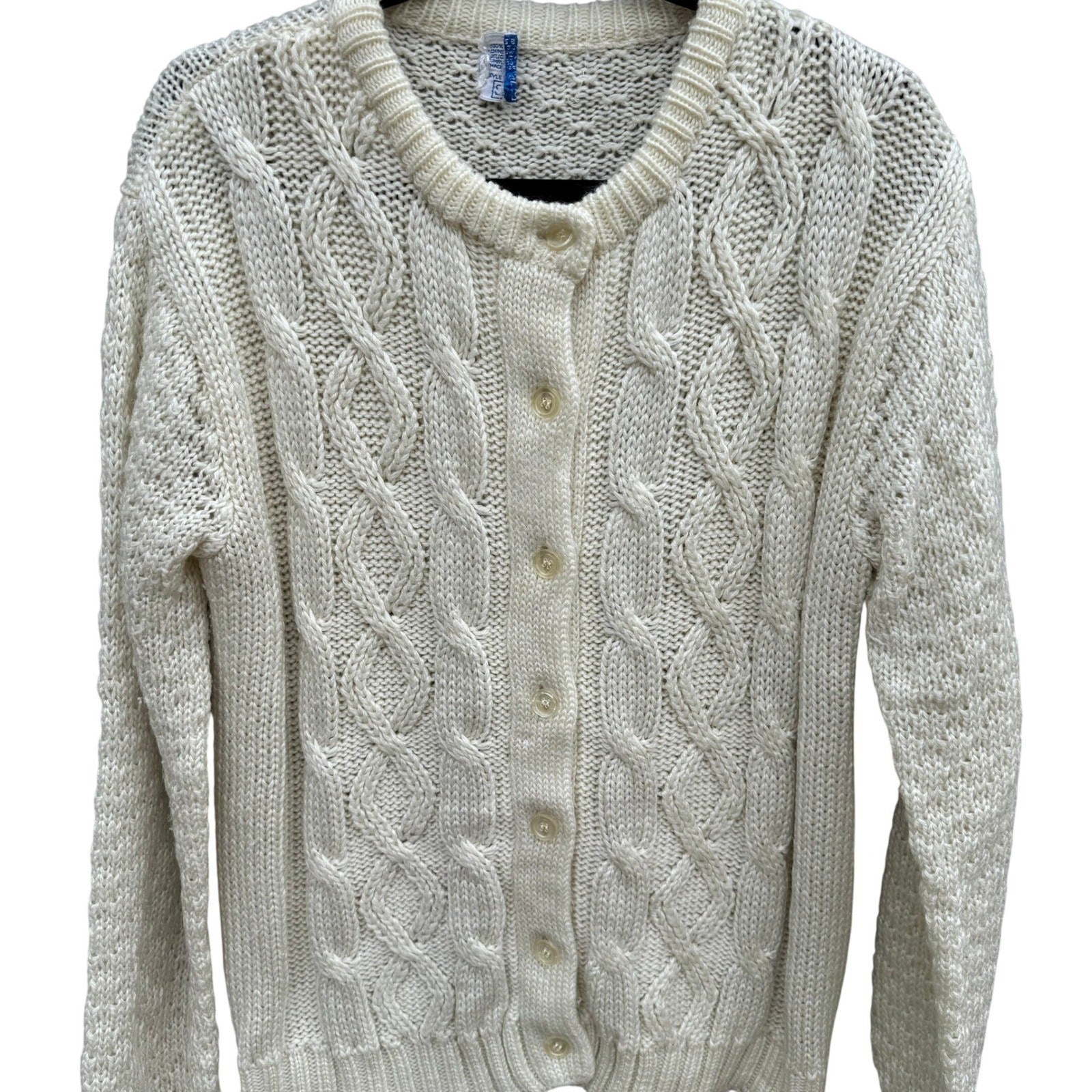 Sears Vintage Cable Knit Cardigan Sweater Cream White Button Down Womens Cottage