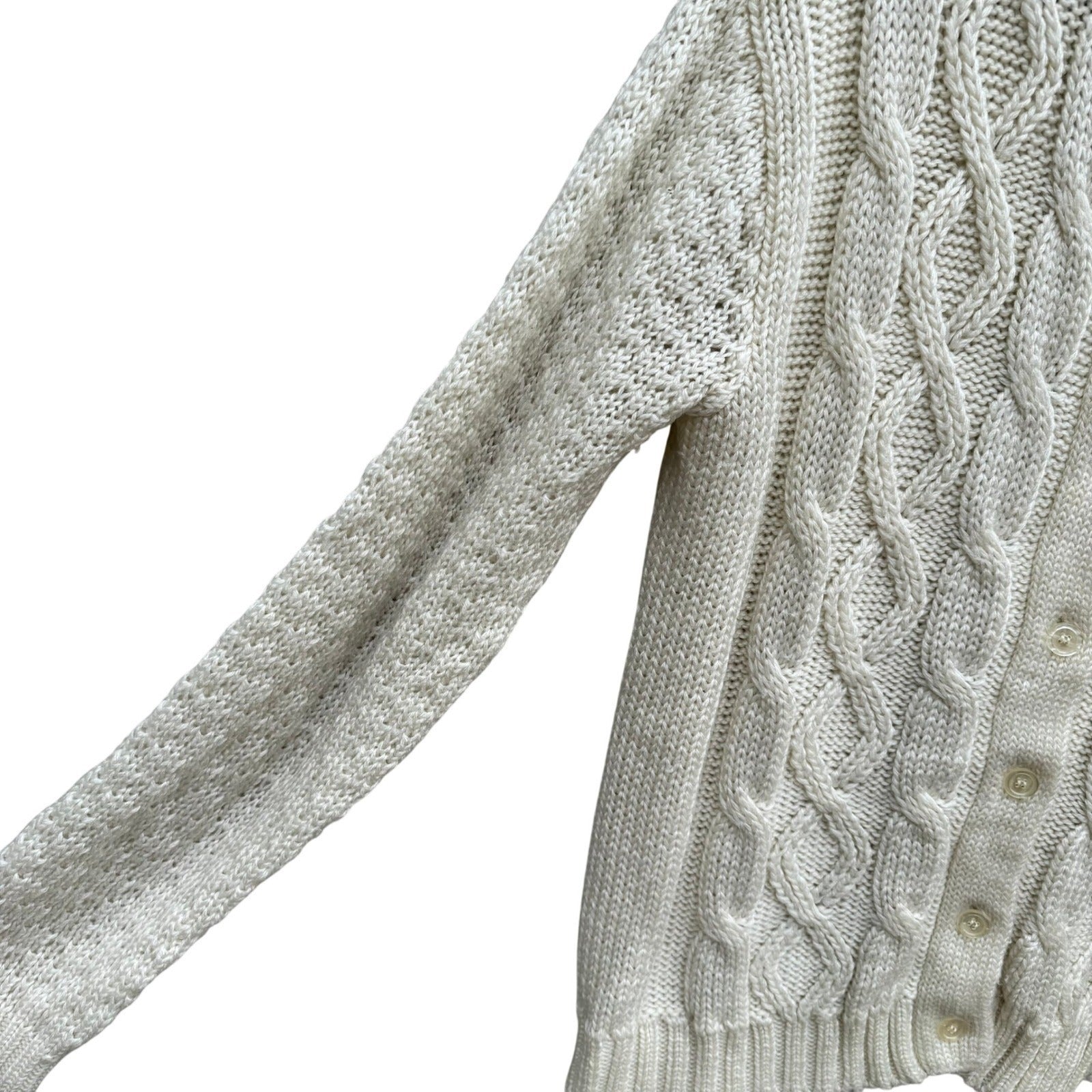 Sears Vintage Cable Knit Cardigan Sweater Cream White Button Down Womens Cottage