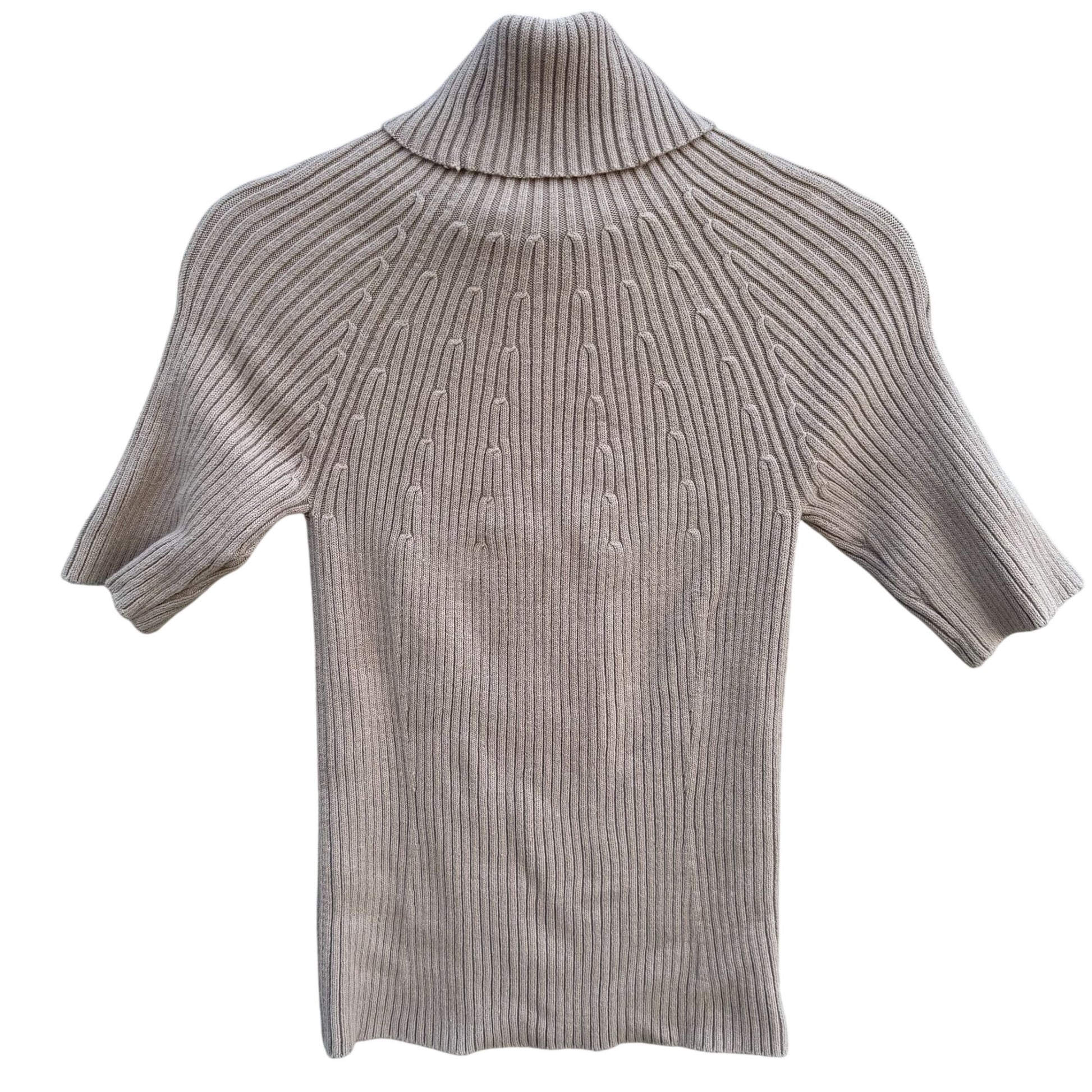 DG2 By Diane Gilman Ribbed Beige Short-Sleeve Knit Turtleneck Sweater Womens M