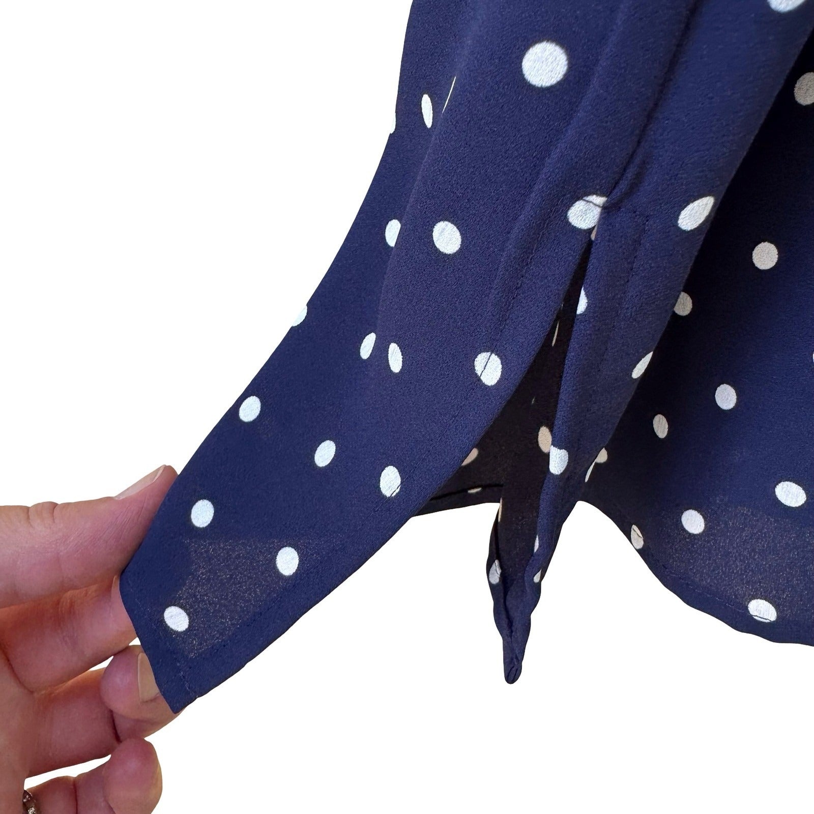Anne Klein Nautical Minimalist Polka Dot Preppy Band Collar Blouse Navy L NEW