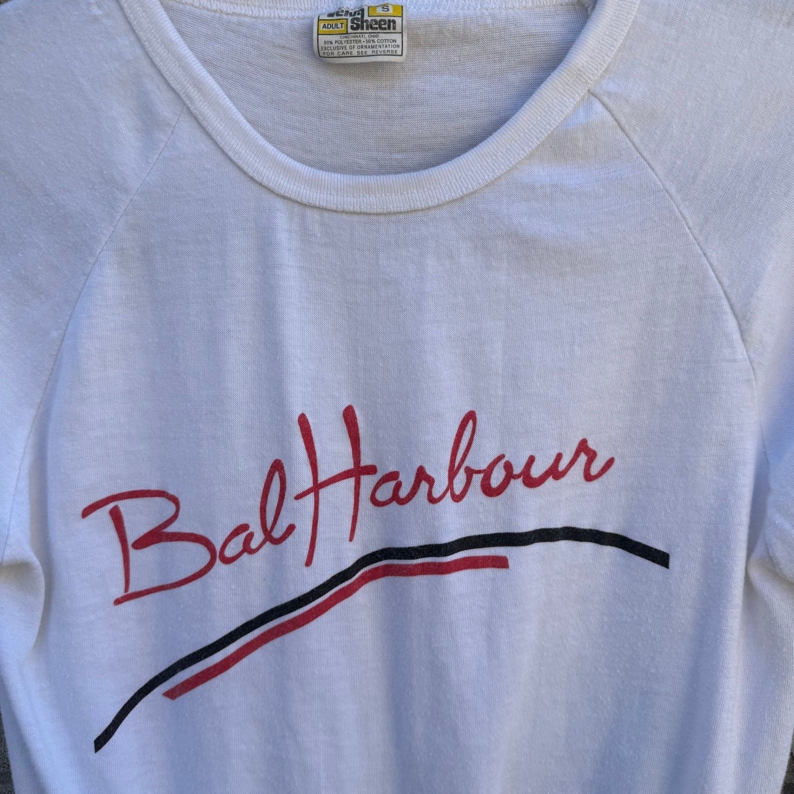 Vintage Velva Sheen Bal Harbour Florida Graphic Long Sleeve Tee White Small 80s