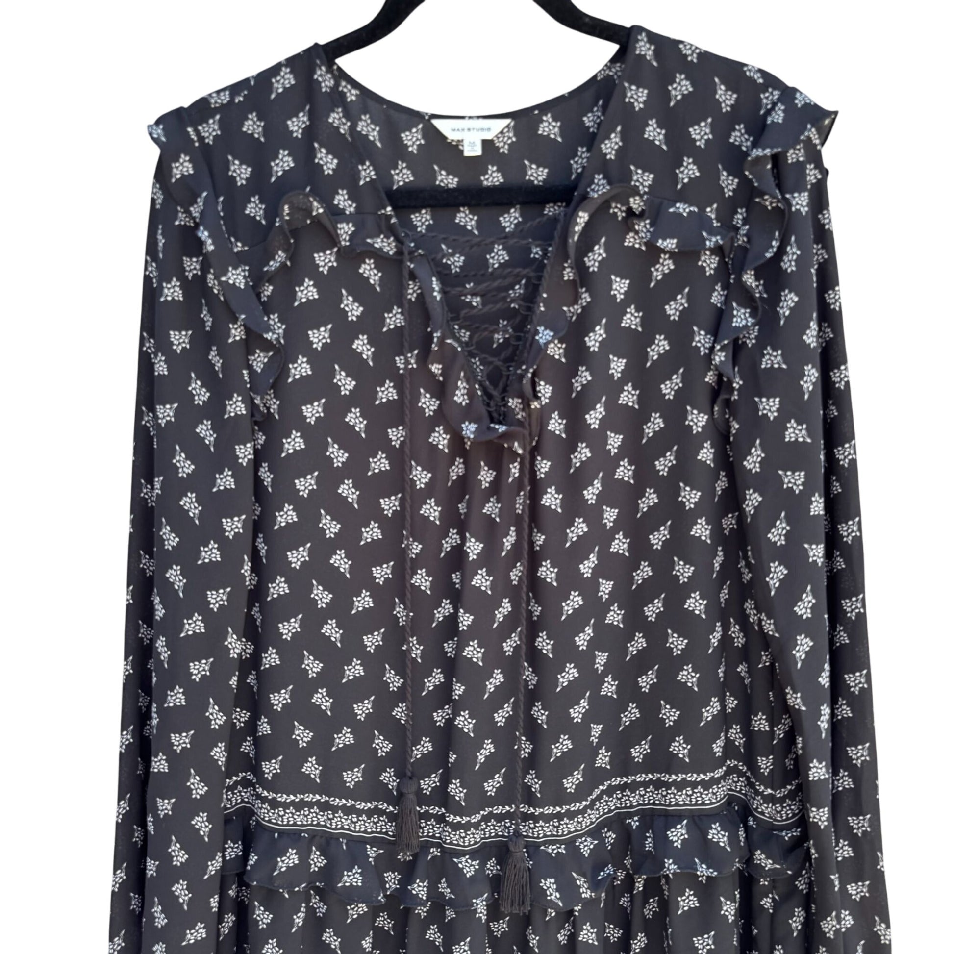 Max Studio Black Boho Long-Sleeve Lace-Up Floral Print Ruffle Trim Tassel Dress M