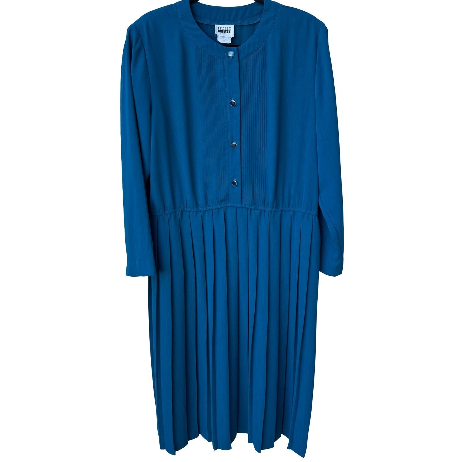 Leslie Fay Vintage Teal Blue Pleated Midi Dress Pintuck Button Front Size 14