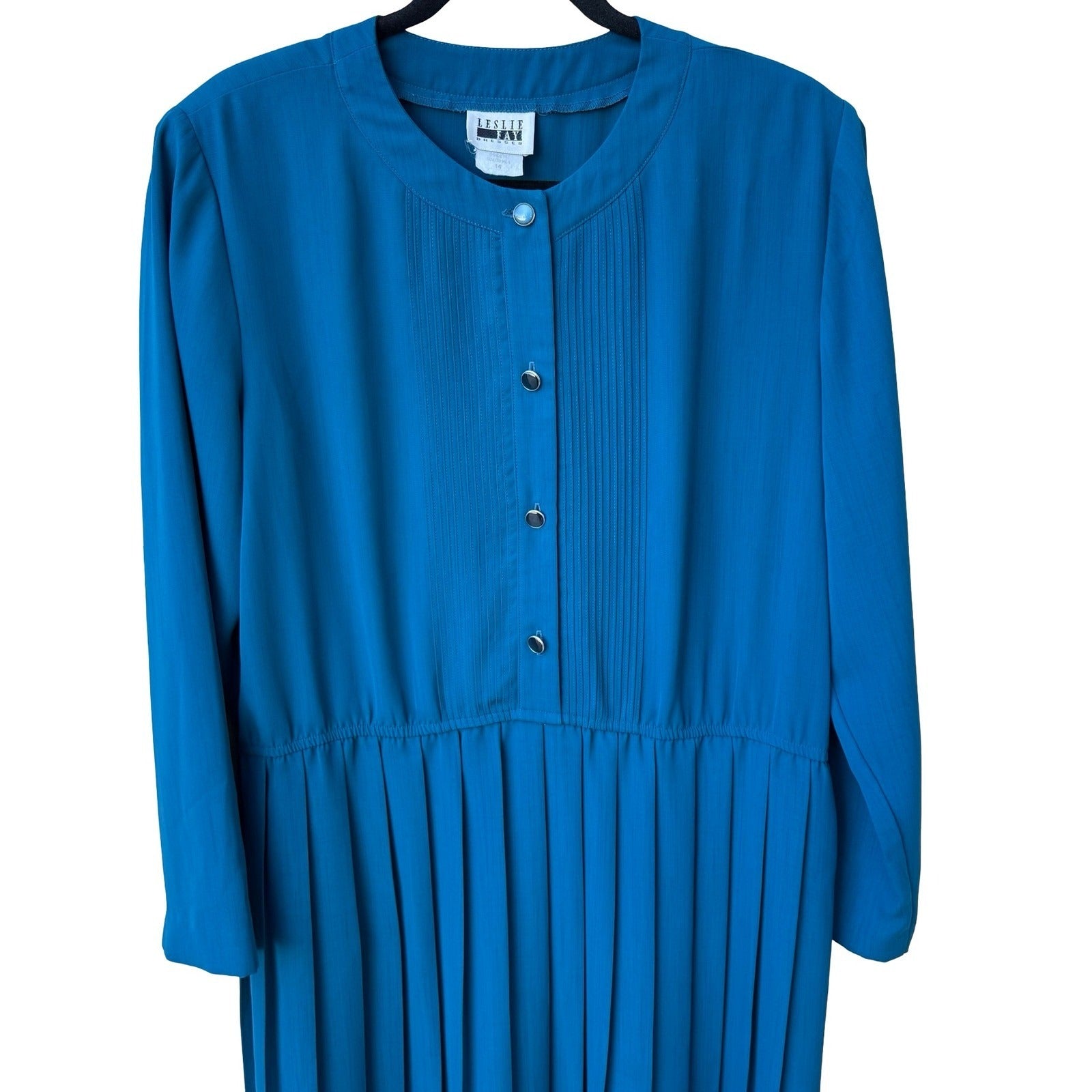 Leslie Fay Vintage Teal Blue Pleated Midi Dress Pintuck Button Front Size 14