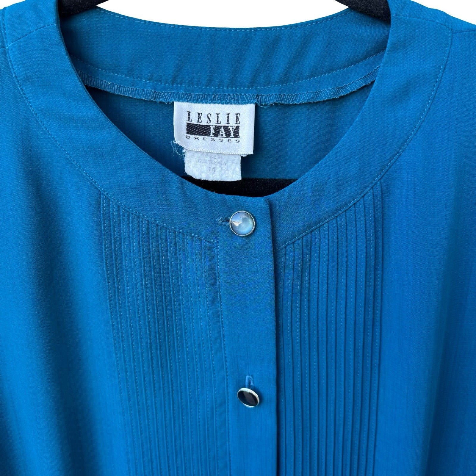 Leslie Fay Vintage Teal Blue Pleated Midi Dress Pintuck Button Front Size 14
