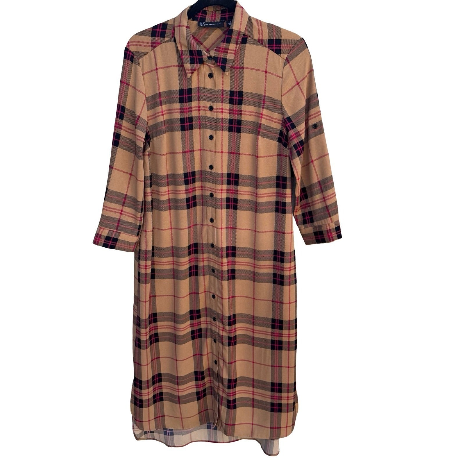 New York & Company Tan Pink Plaid Button Front Roll Tab Sleeve Shirt Dress S