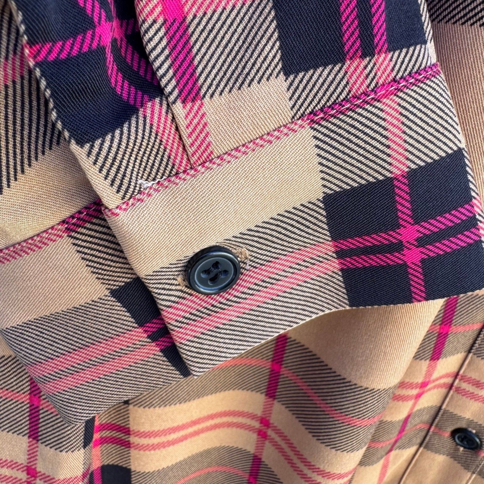 New York & Company Tan Pink Plaid Button Front Roll Tab Sleeve Shirt Dress S