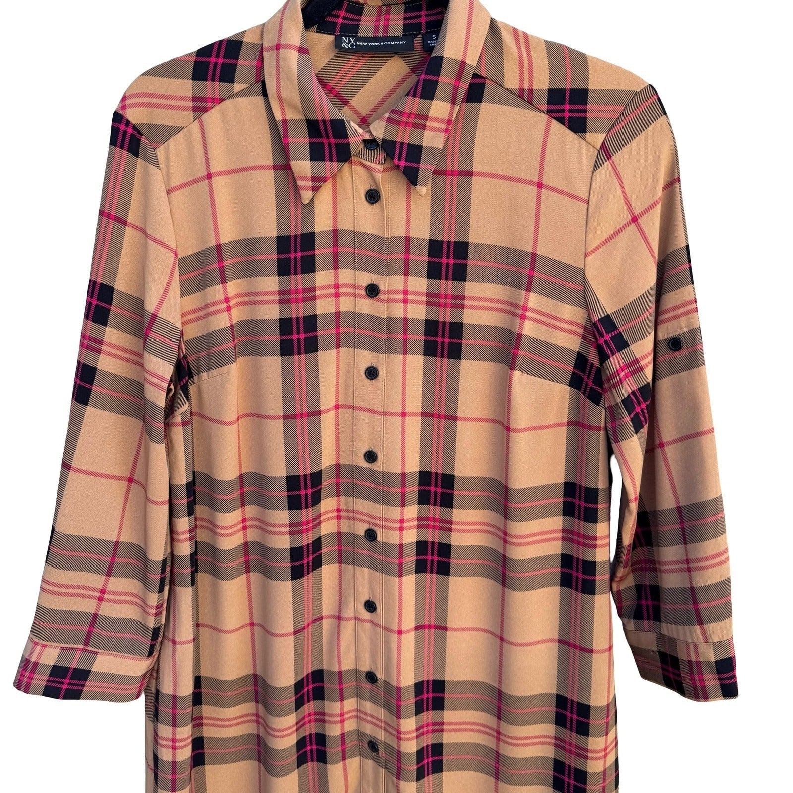 New York & Company Tan Pink Plaid Button Front Roll Tab Sleeve Shirt Dress S