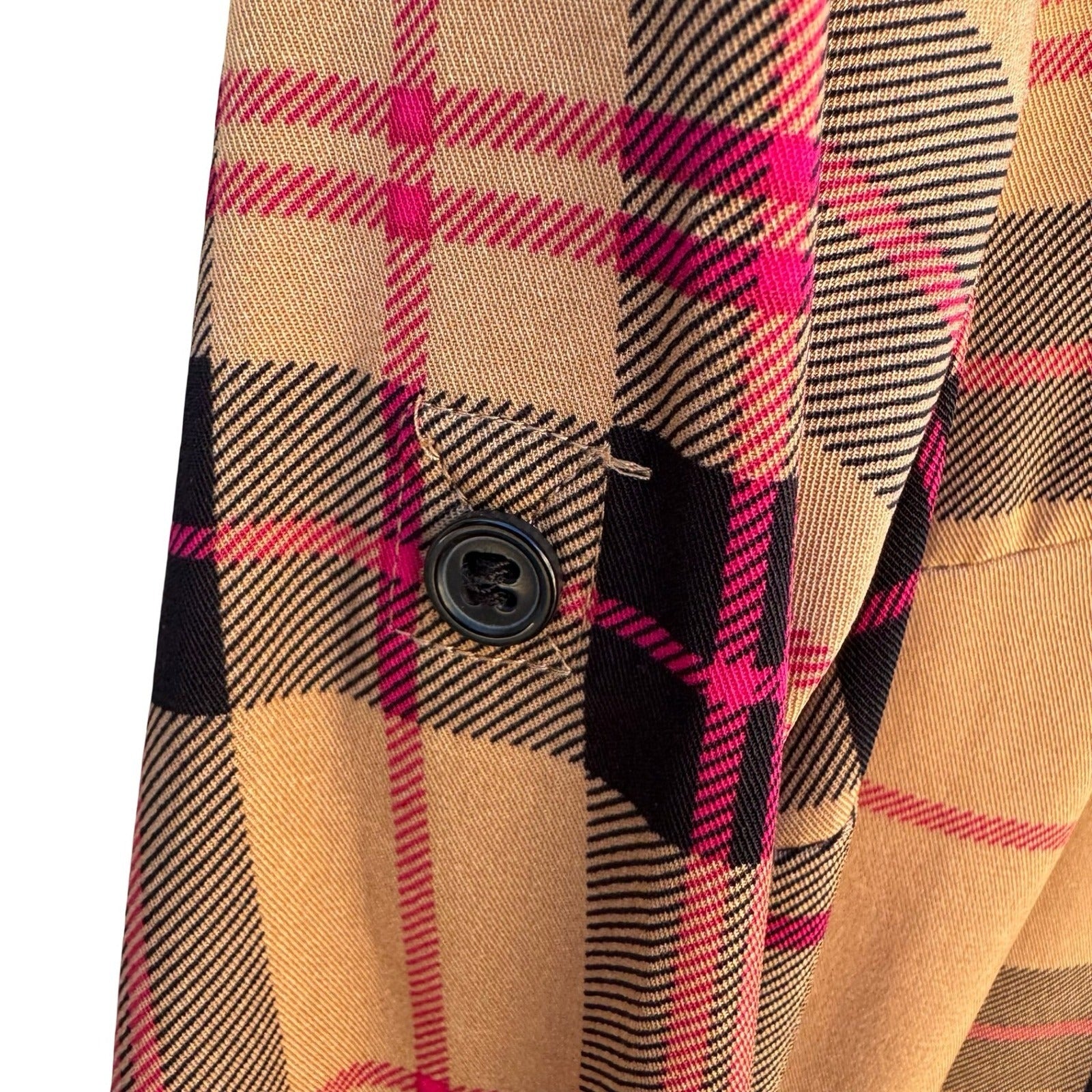 New York & Company Tan Pink Plaid Button Front Roll Tab Sleeve Shirt Dress S