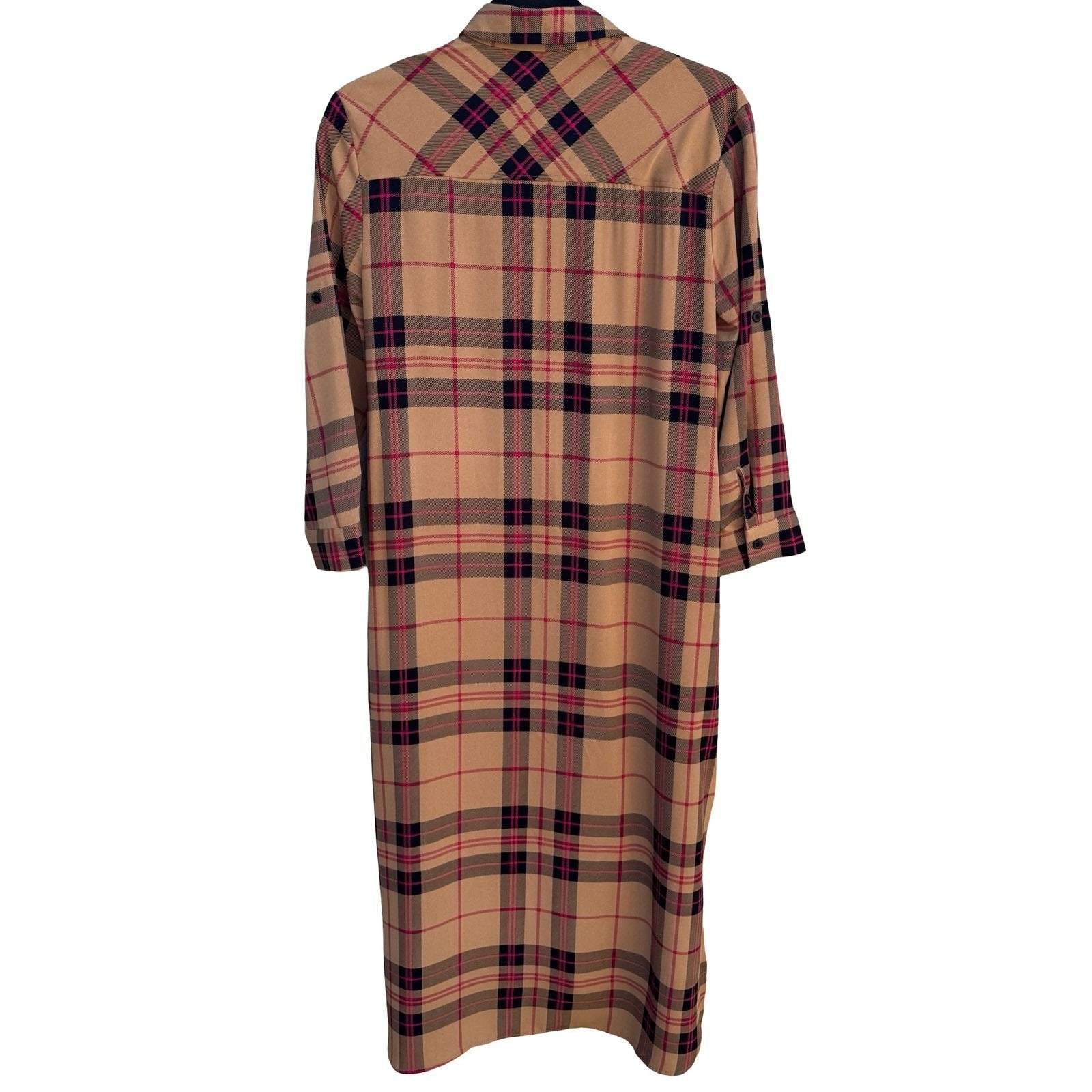 New York & Company Tan Pink Plaid Button Front Roll Tab Sleeve Shirt Dress S