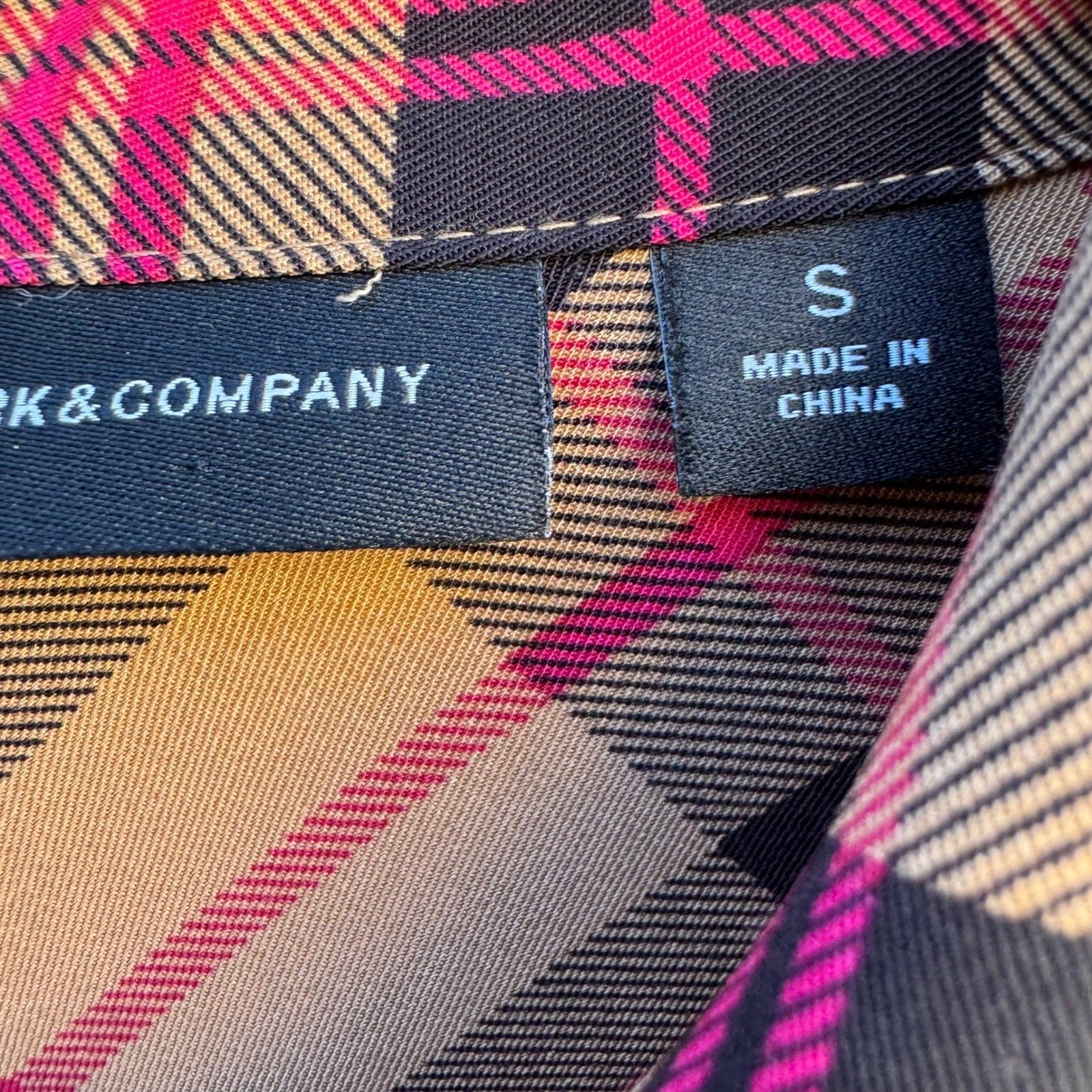 New York & Company Tan Pink Plaid Button Front Roll Tab Sleeve Shirt Dress S