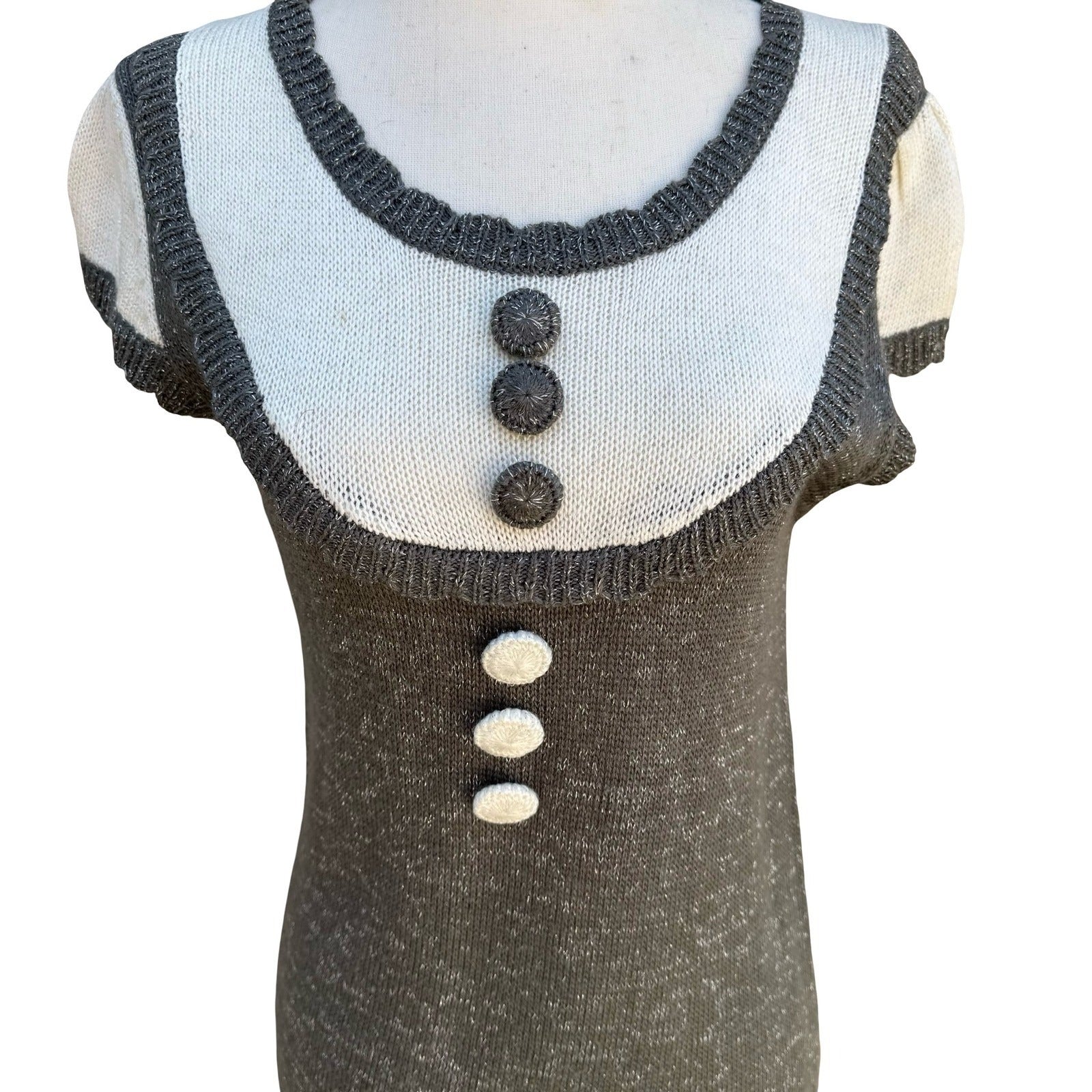 Crystal Candy Y2K Grey Metallic Knit Mini Sweater Dress Short Sleeve Scoop Neck