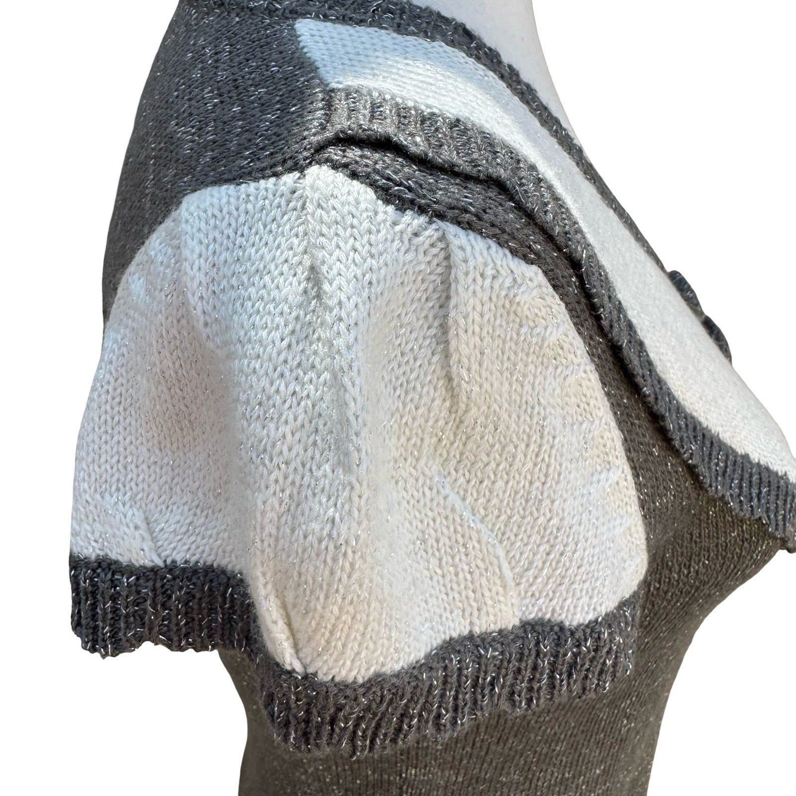 Crystal Candy Y2K Grey Metallic Knit Mini Sweater Dress Short Sleeve Scoop Neck