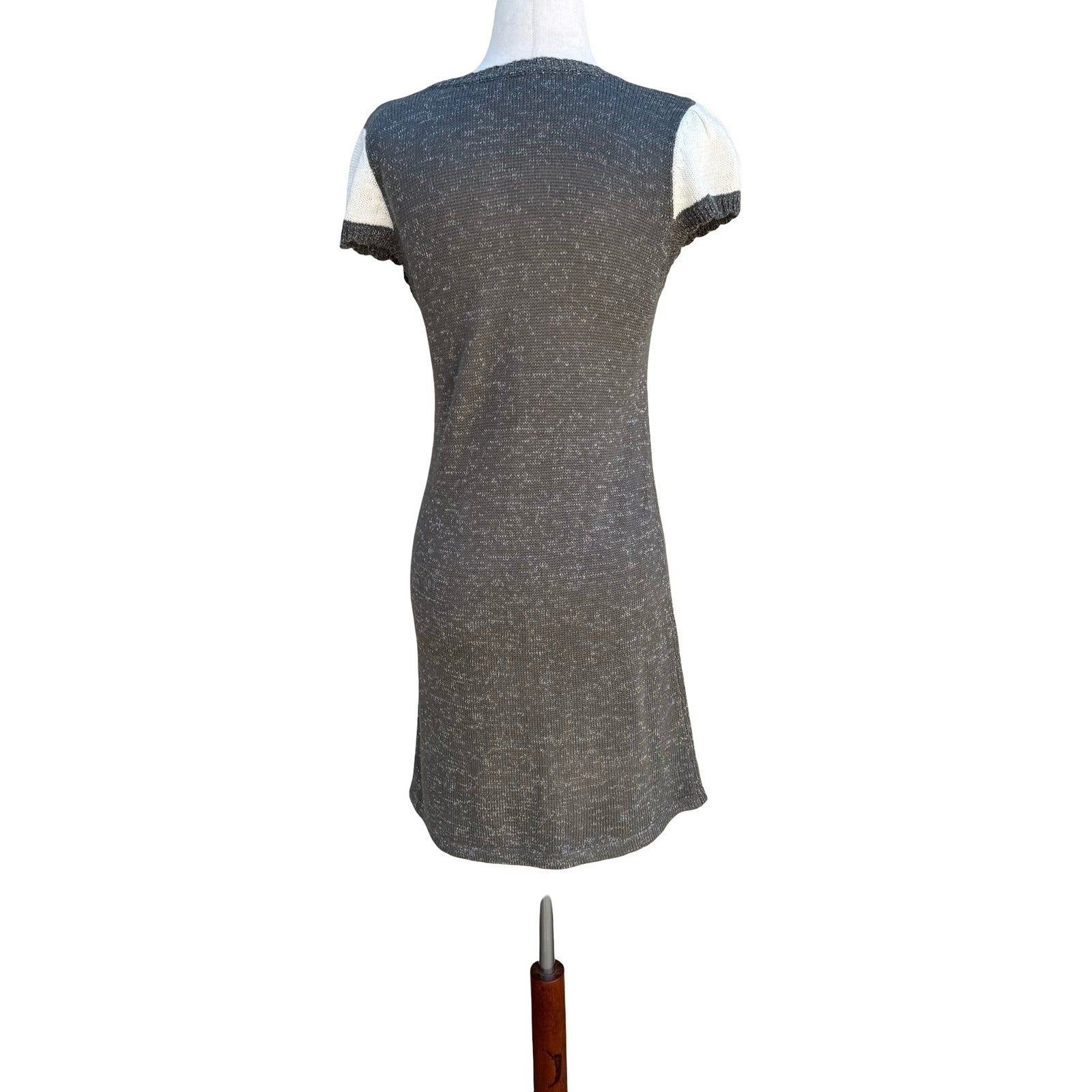 Crystal Candy Y2K Grey Metallic Knit Mini Sweater Dress Short Sleeve Scoop Neck