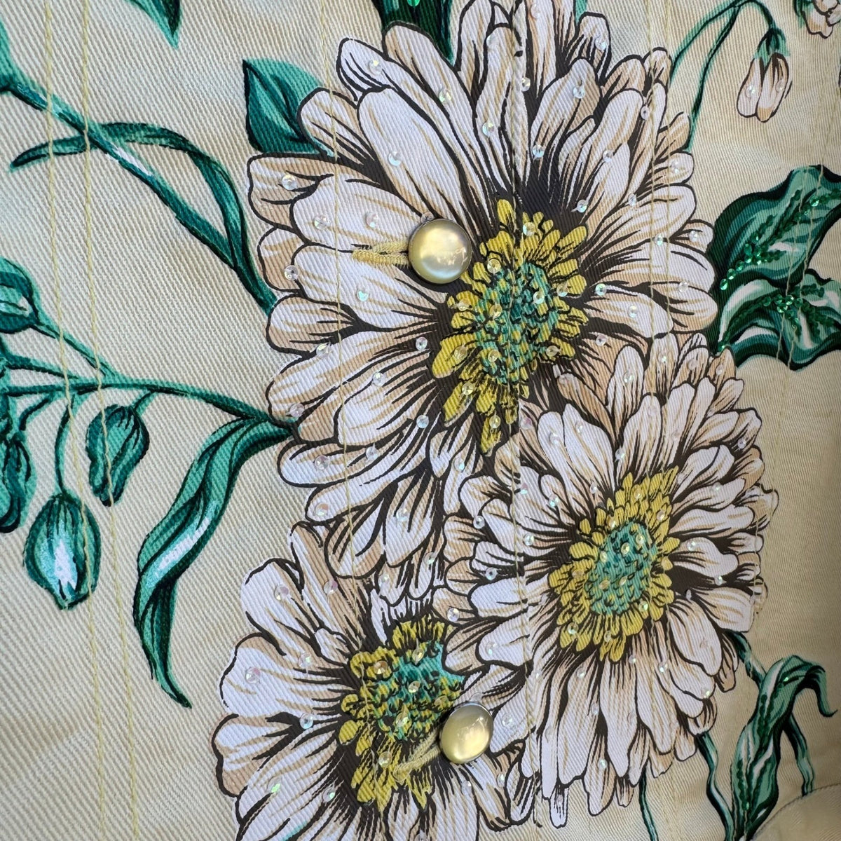 Diane Gilman Butter Yellow Floral Butterfly Sequin Denim Jacket Pants Set M