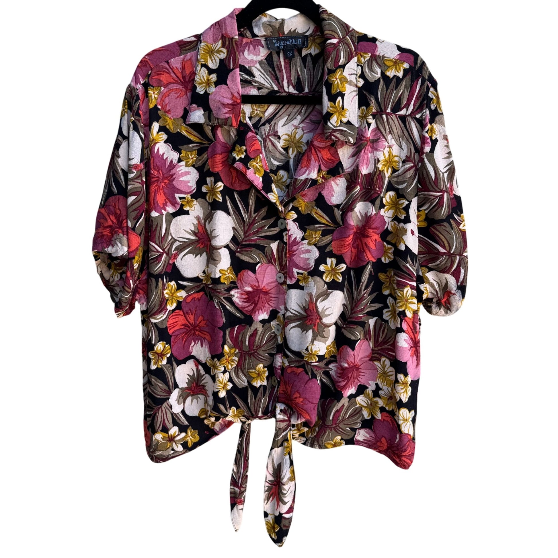 Twyla & Blu II Vintage Womens Floral Button-Up Tie Front Cropped Blouse Shirt 2X