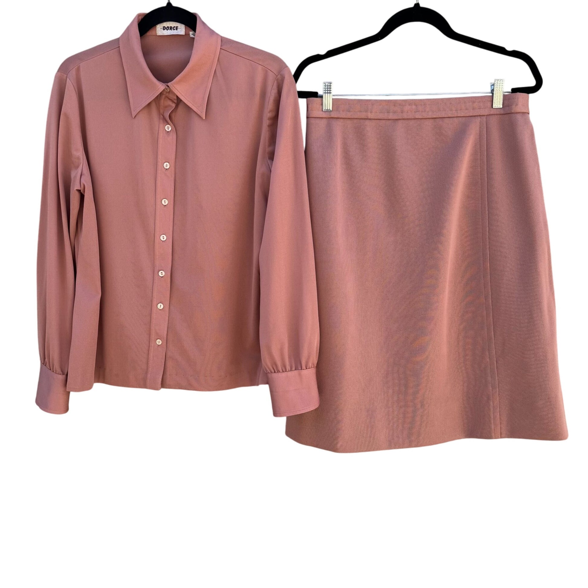 Dorce Vintage Womens Long Sleeve Button Top A-Line Skirt Rose Pink 2 Piece Set