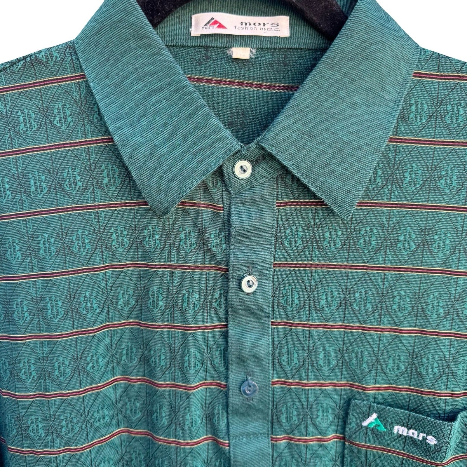 Mars Fashion Mens Vintage 70s Teal Green Geometric Knit Long Sleeve Polo Shirt