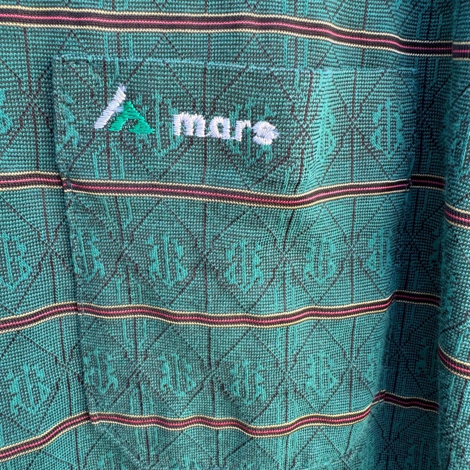 Mars Fashion Mens Vintage 70s Teal Green Geometric Knit Long Sleeve Polo Shirt