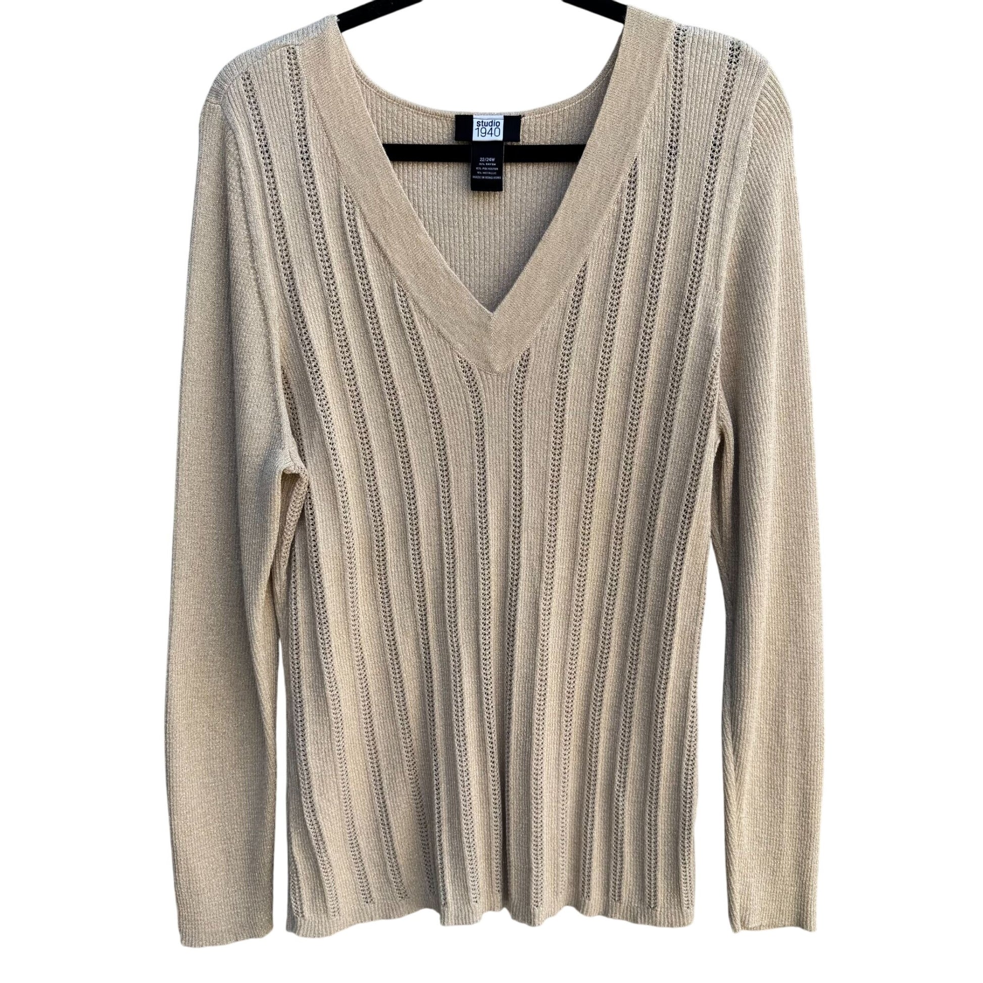 Studio 1940 Womens Beige Metallic Party Open Knit Deep V-Neck Sweater 22/24W