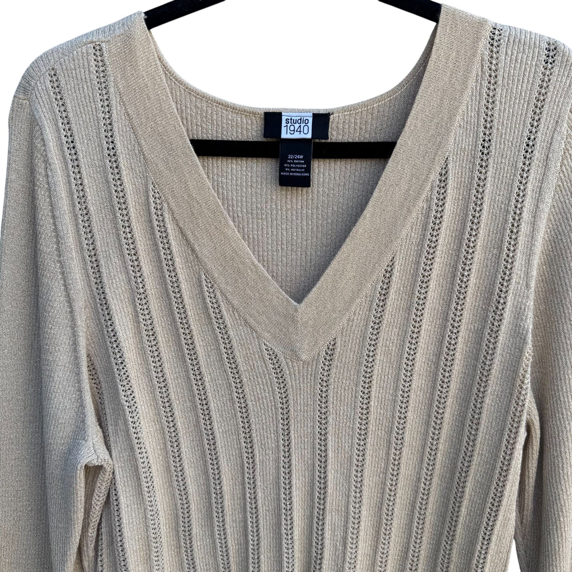 Studio 1940 Womens Beige Metallic Party Open Knit Deep V-Neck Sweater 22/24W