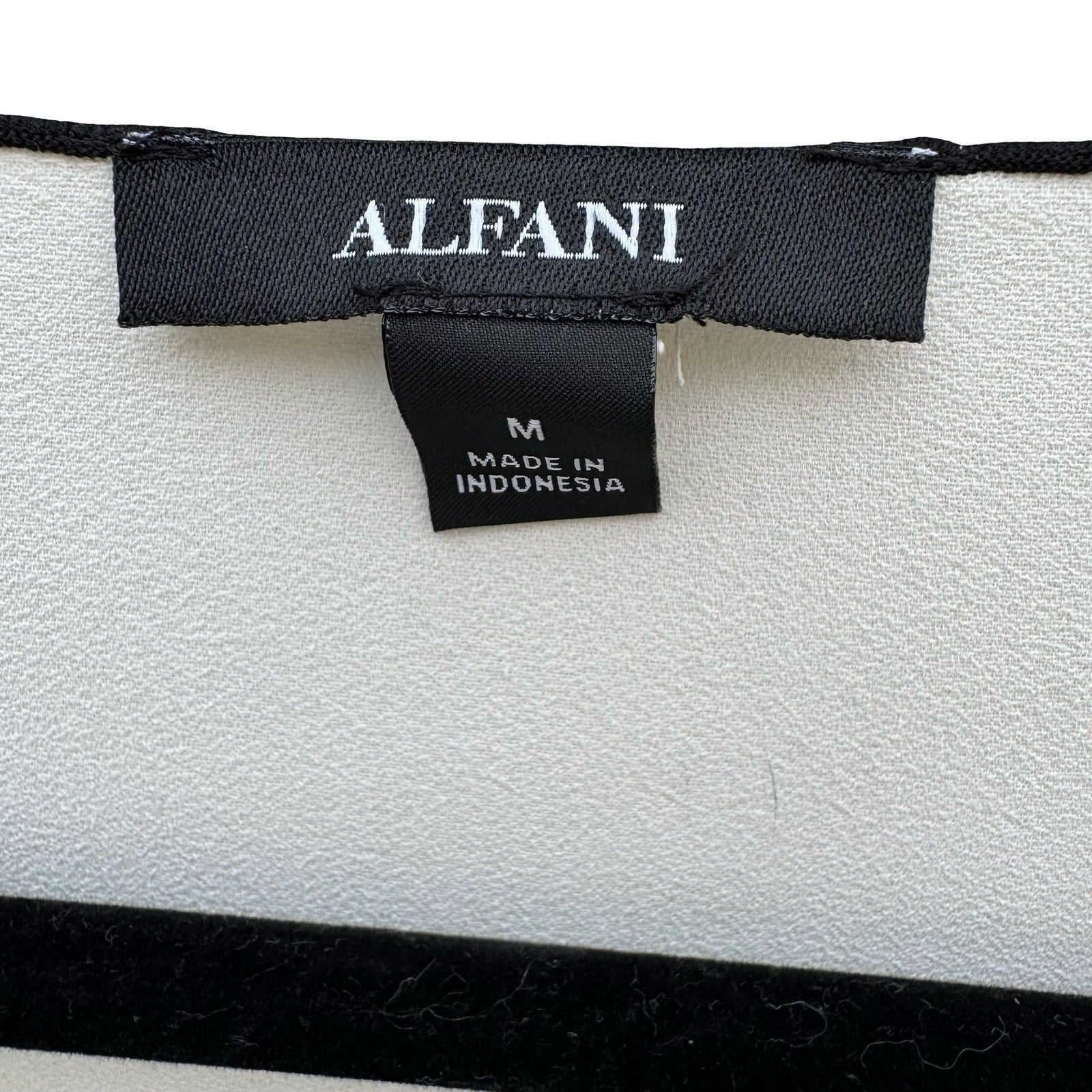 Alfani Womens White V-Neck Blouse Black Contrast Trim Bow Bell Cuff Medium NWT