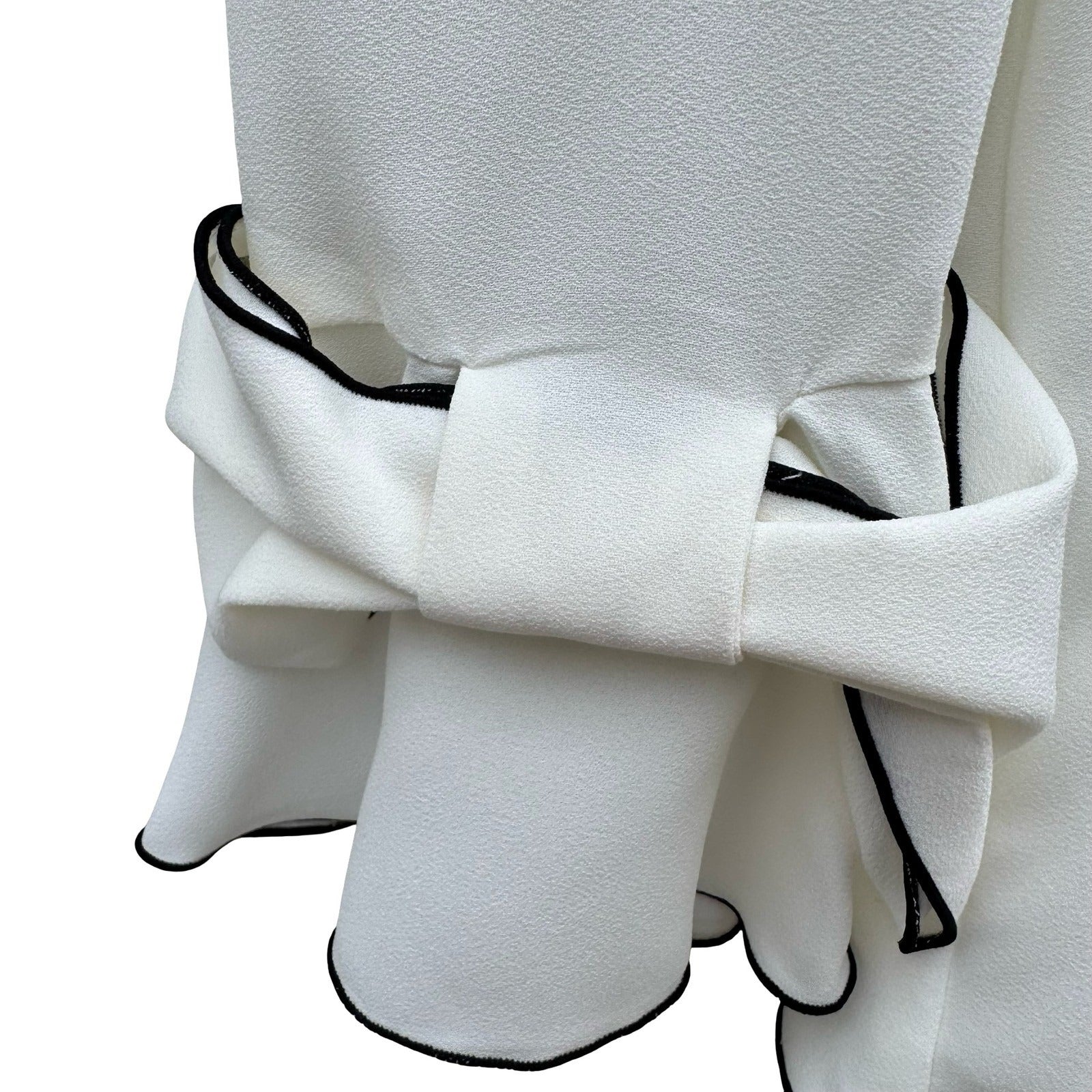 Alfani Womens White V-Neck Blouse Black Contrast Trim Bow Bell Cuff Medium NWT