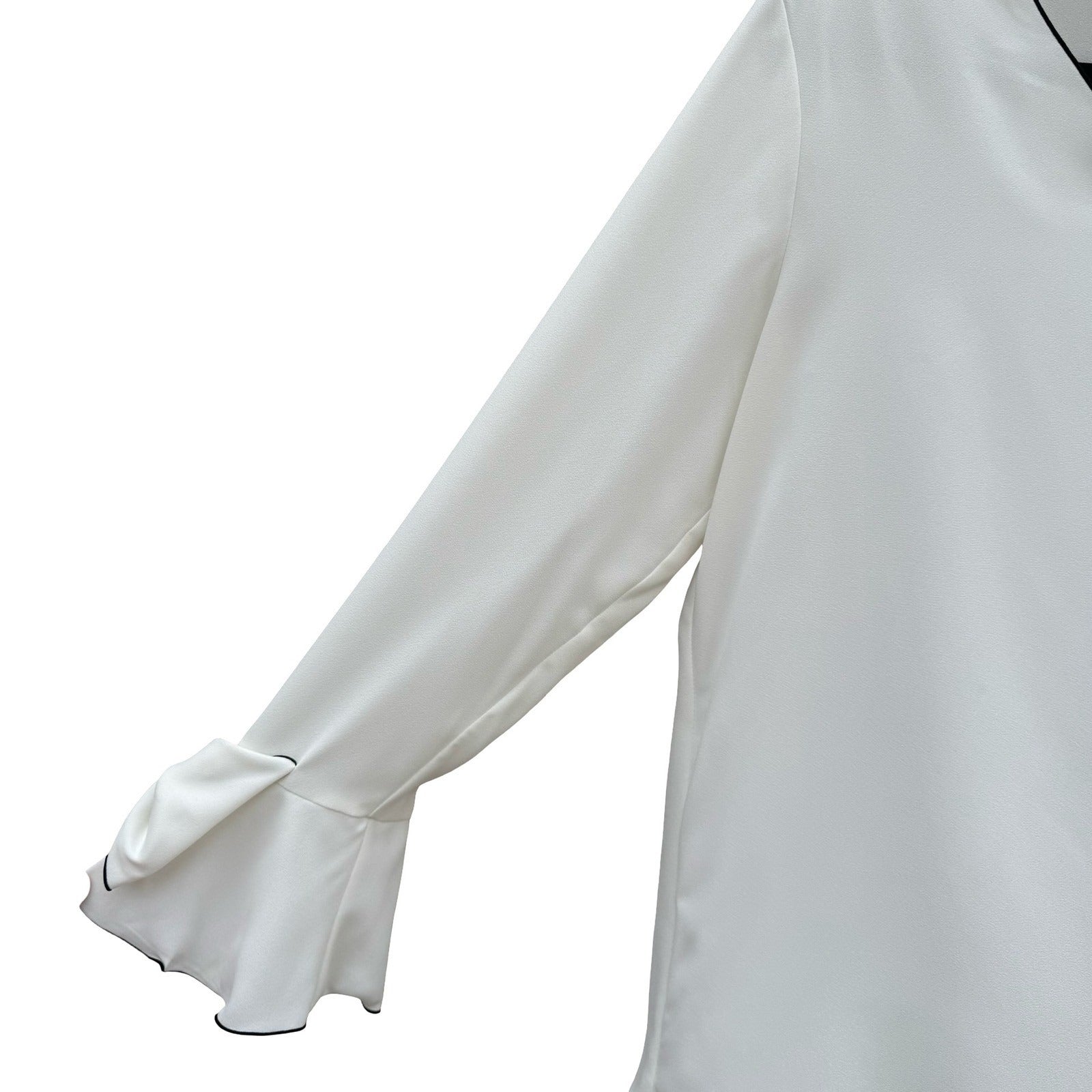 Alfani Womens White V-Neck Blouse Black Contrast Trim Bow Bell Cuff Medium NWT