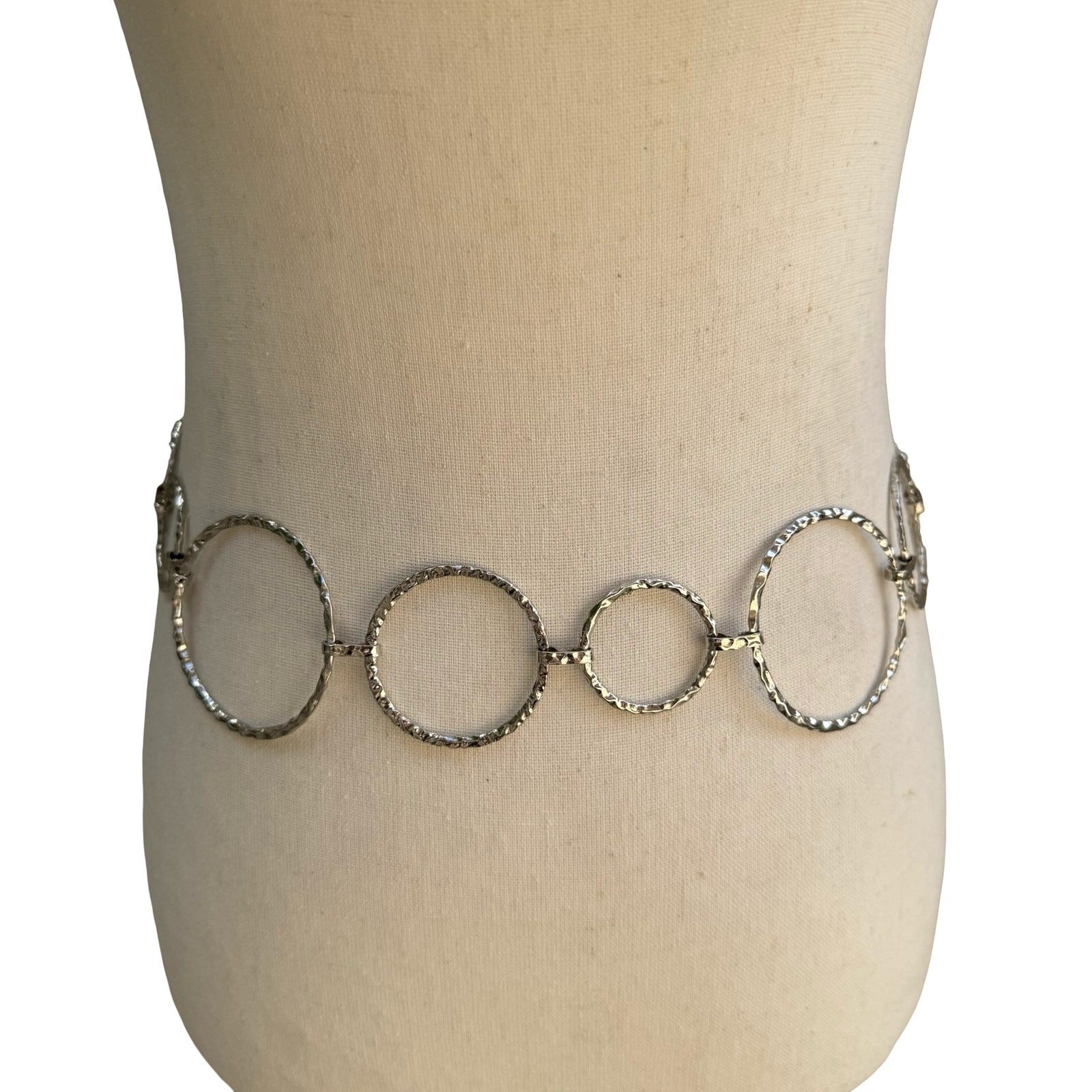 Silver Hammered Ring Chain Belt Adjustable Textured Circle Link Boho Statement