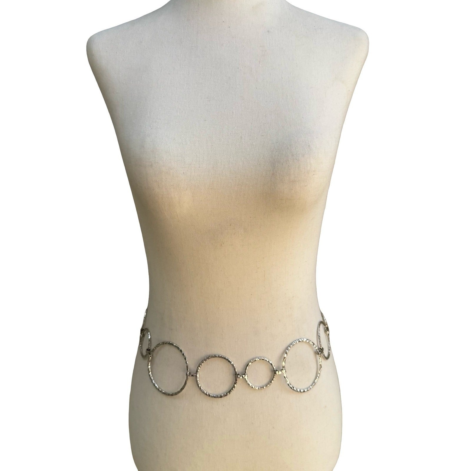 Silver Hammered Ring Chain Belt Adjustable Textured Circle Link Boho Statement