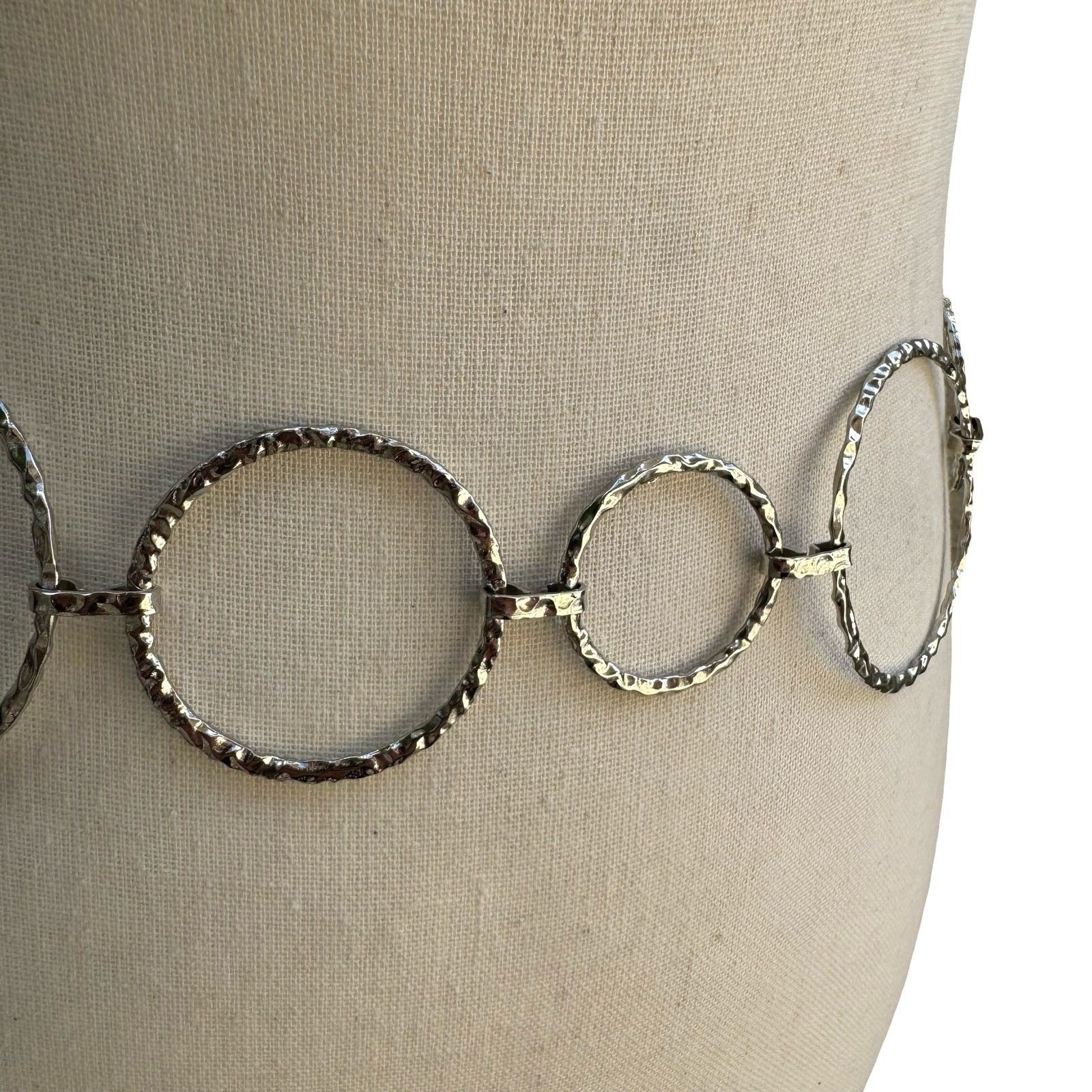 Silver Hammered Ring Chain Belt Adjustable Textured Circle Link Boho Statement