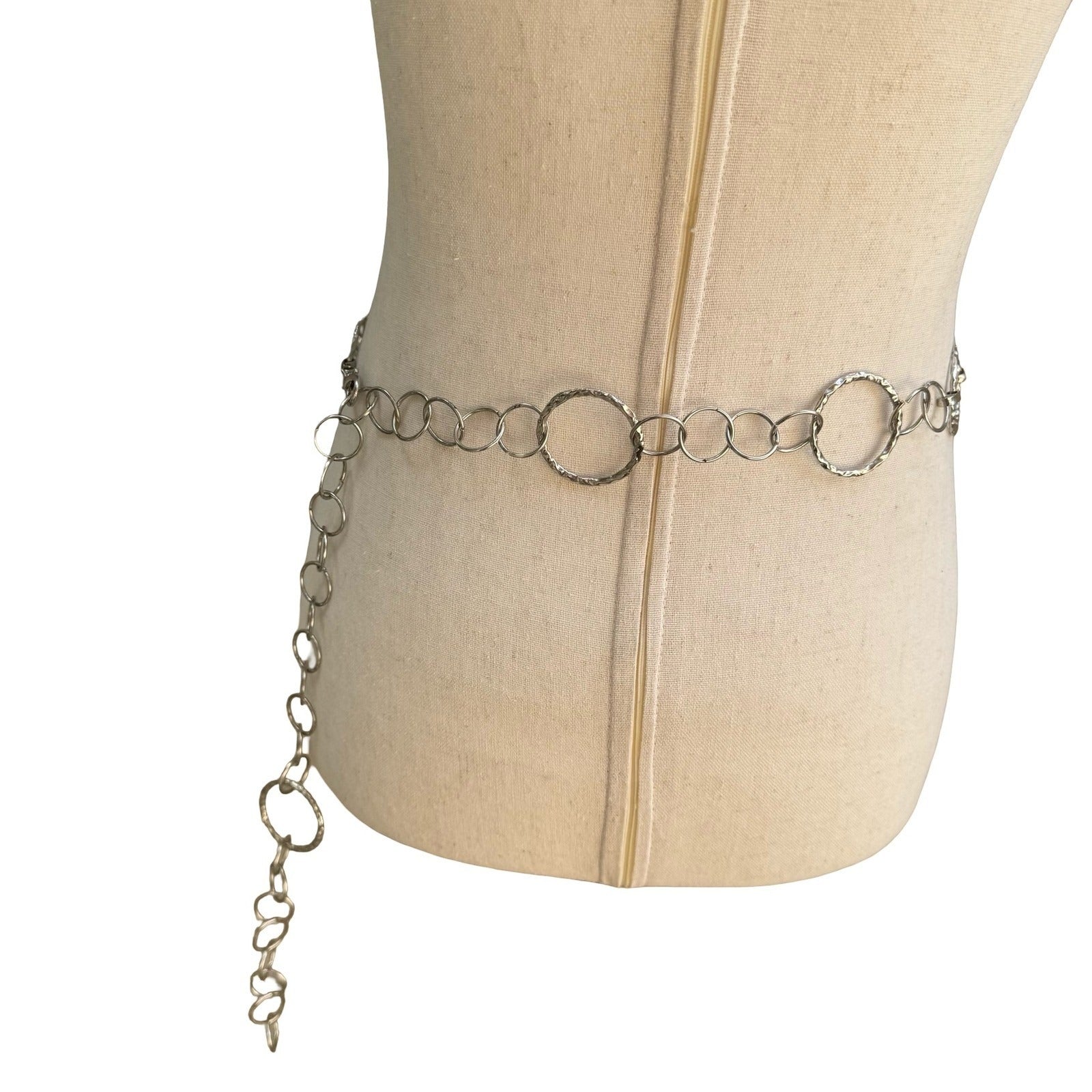 Silver Hammered Ring Chain Belt Adjustable Textured Circle Link Boho Statement