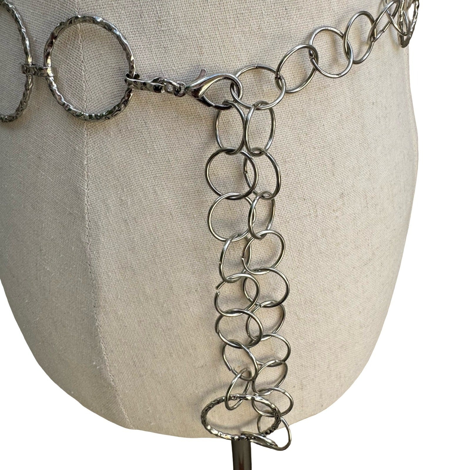 Silver Hammered Ring Chain Belt Adjustable Textured Circle Link Boho Statement