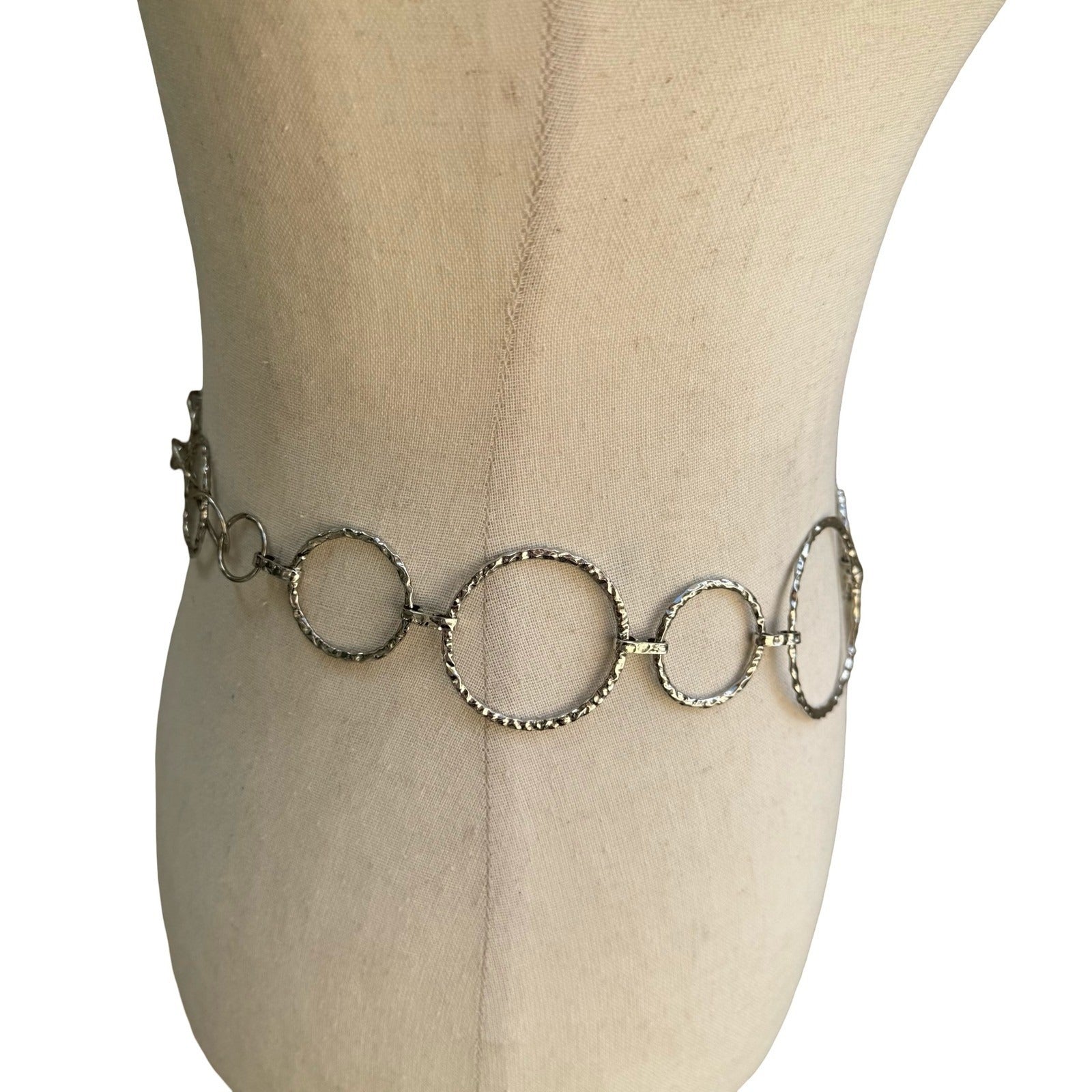 Silver Hammered Ring Chain Belt Adjustable Textured Circle Link Boho Statement