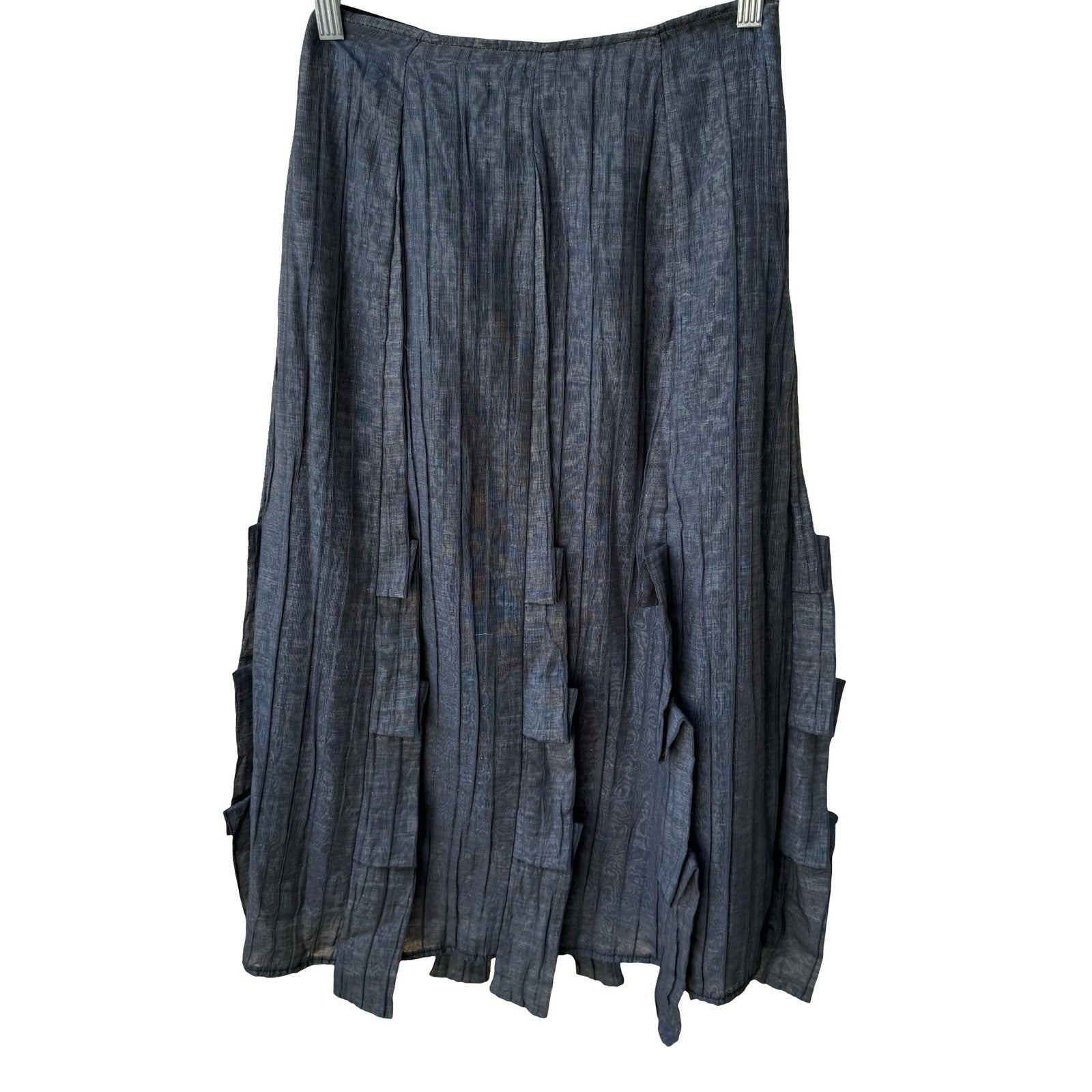 DIN Avant-Garde Lagenlook Minimalist Edgy Pleated Tiered Tab Midi Skirt Gray XS